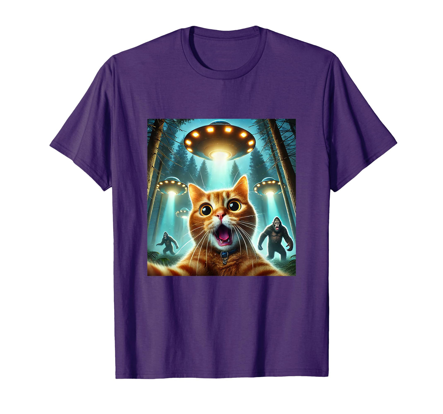 Cat Selfie With Bigfoot And Alien UFO Funny T-Shirt