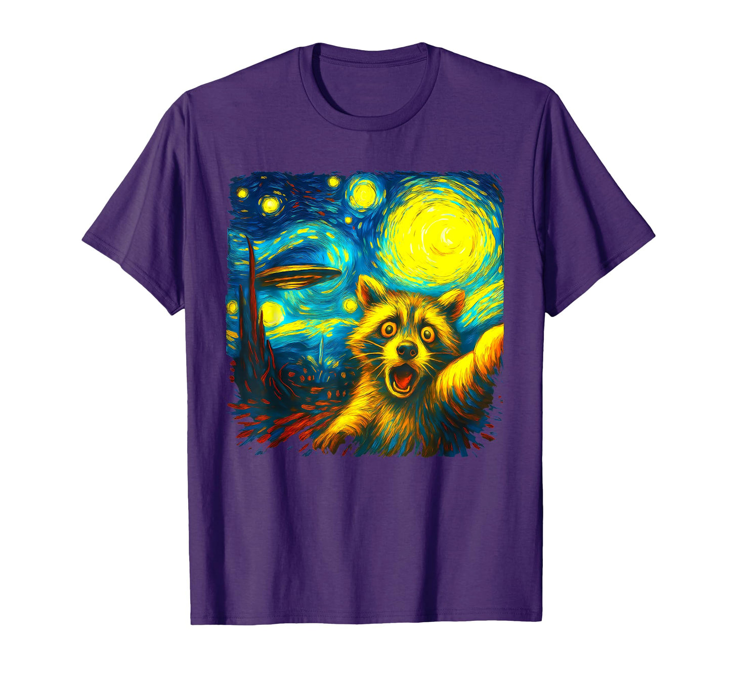 Raccoon Selfie With Alien UFO Funny Starry Night Van Gogh T-Shirt