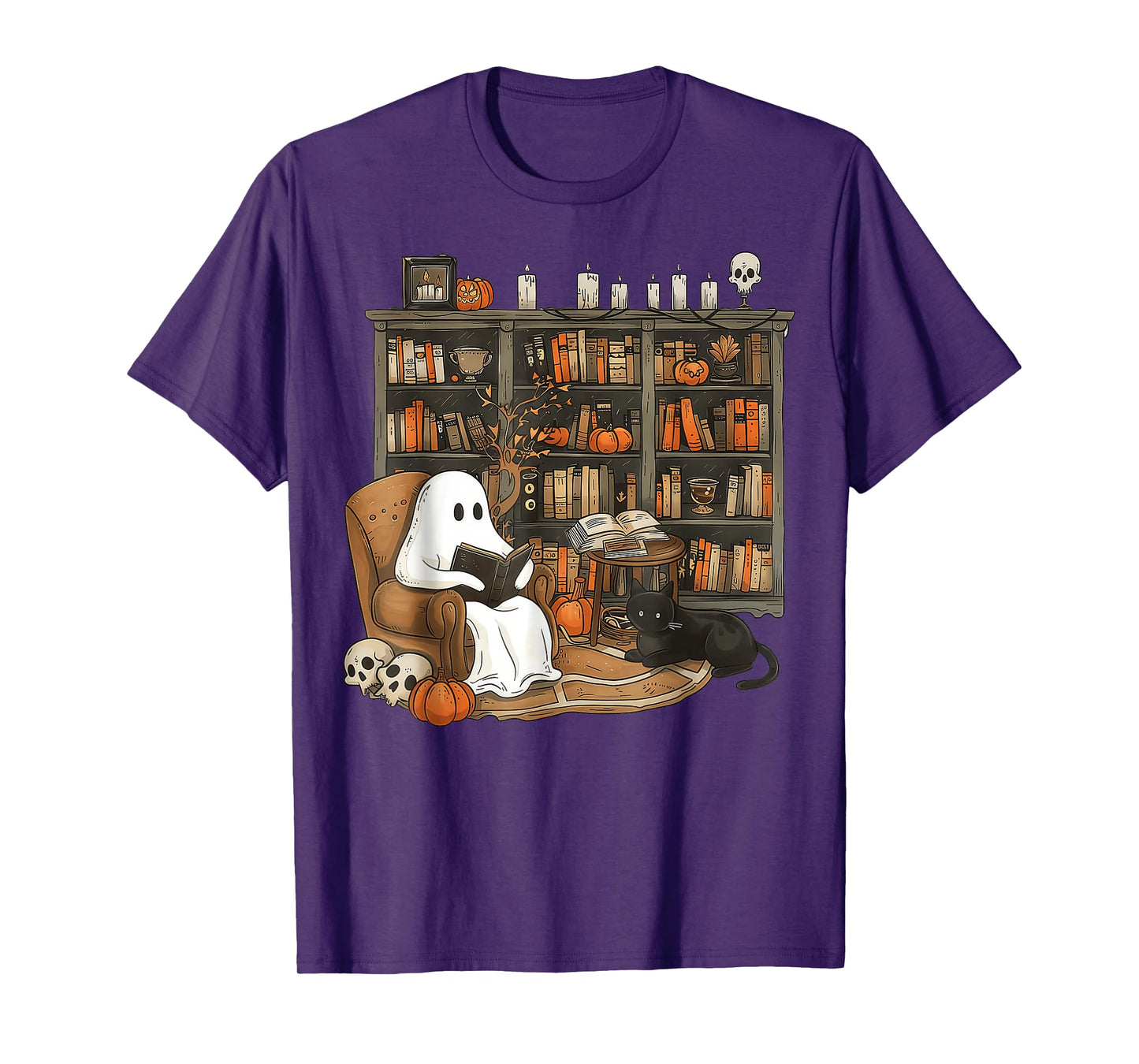 Retro Ghost Reading Books cat, Librarian Ghost Halloween T-Shirt