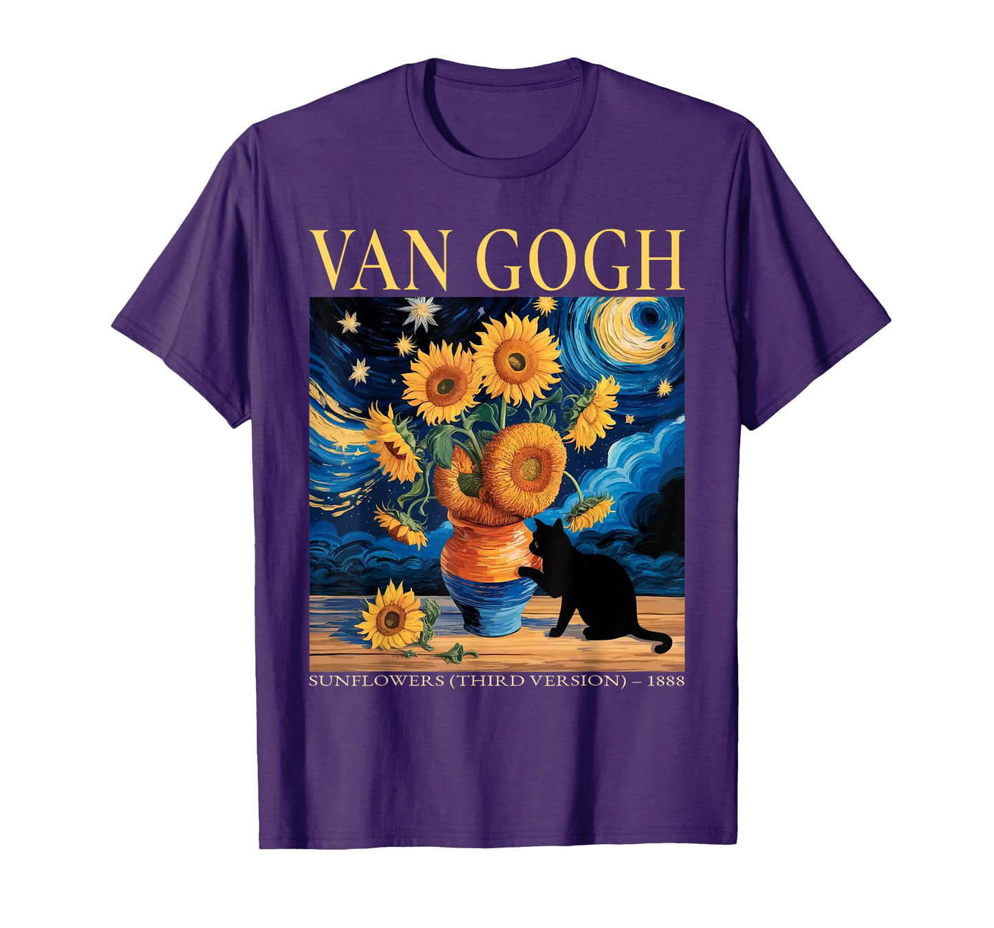 Funny Van Gogh Black Cat With Sunflowers Cat for Men Women T-Shirt