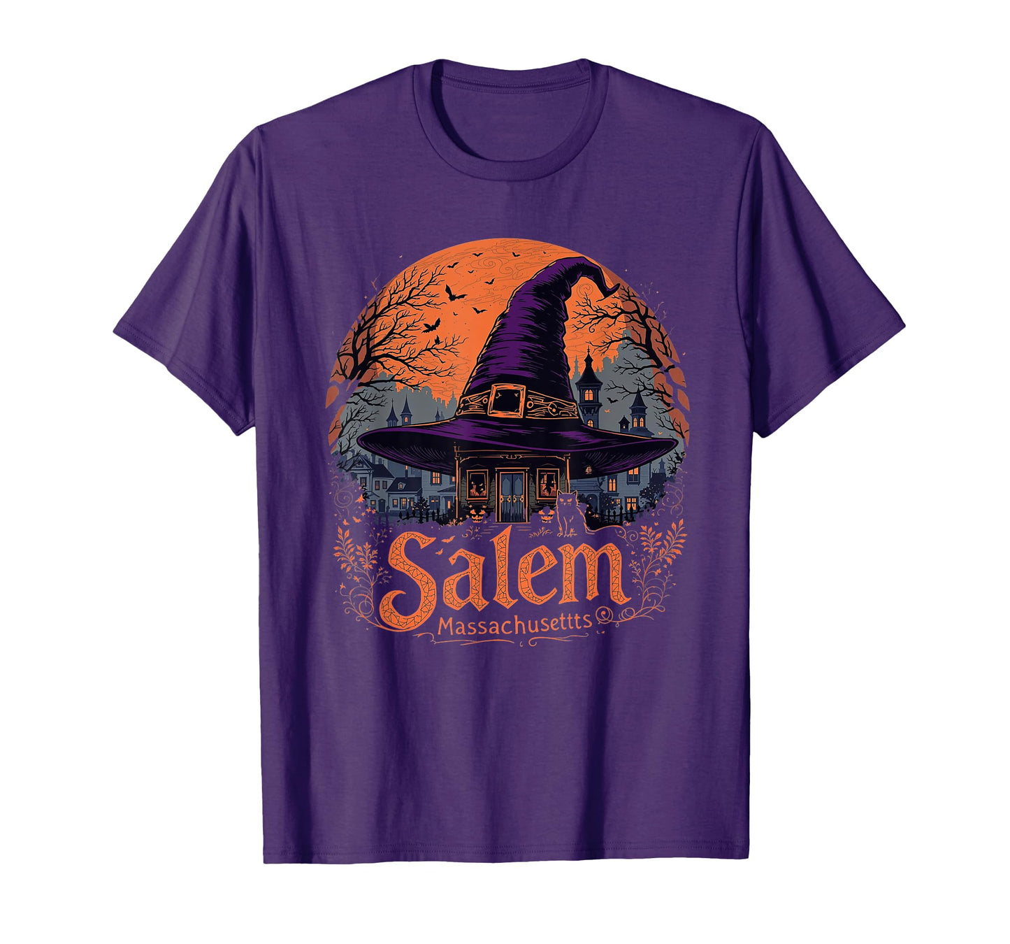 Vintage Salem Massachusetts Halloween Skyline Cityscape T-Shirt