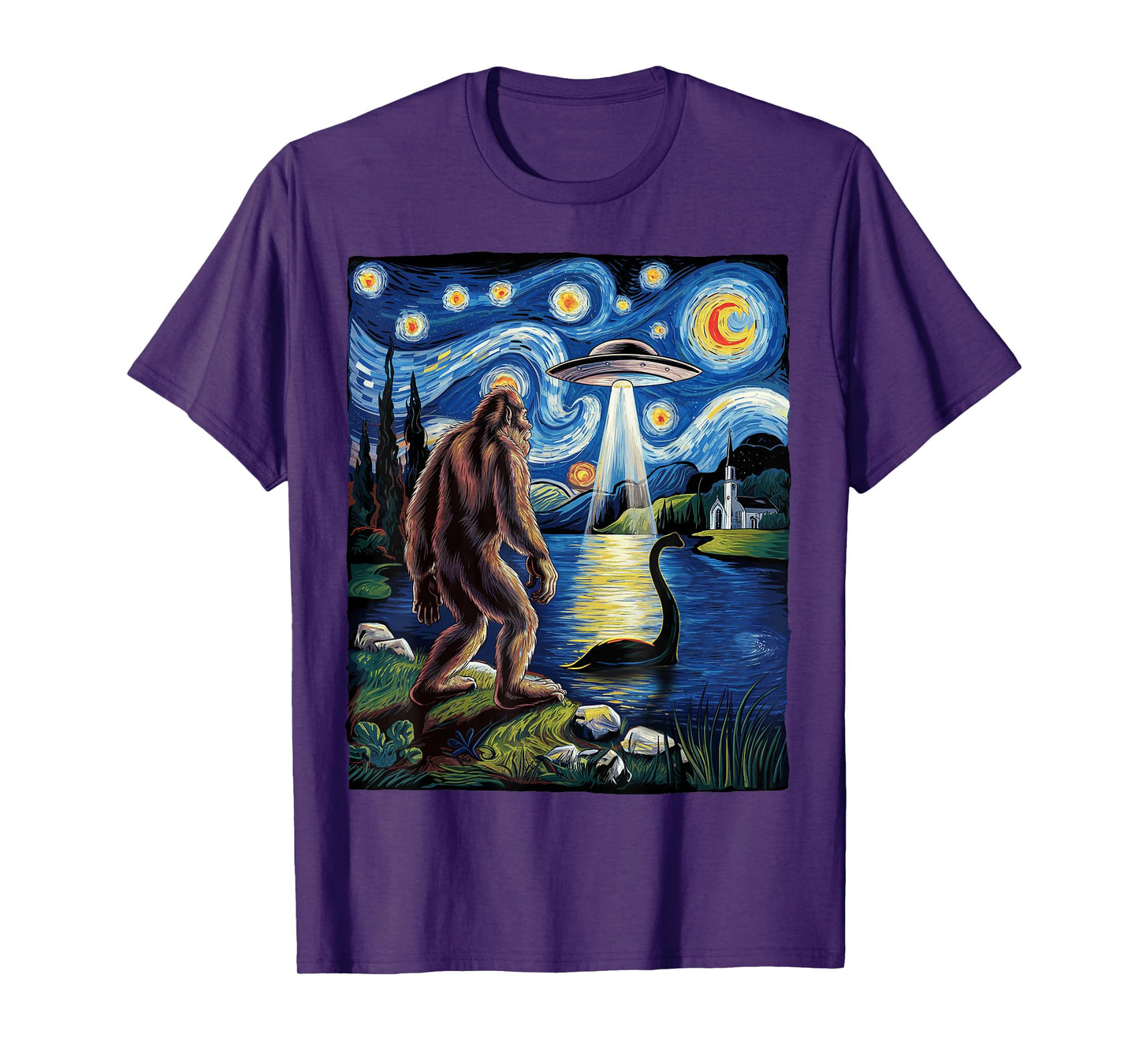 Bigfoot Sasquatch Loch Ness Starry Night Gifts Men Women Kid T-Shirt