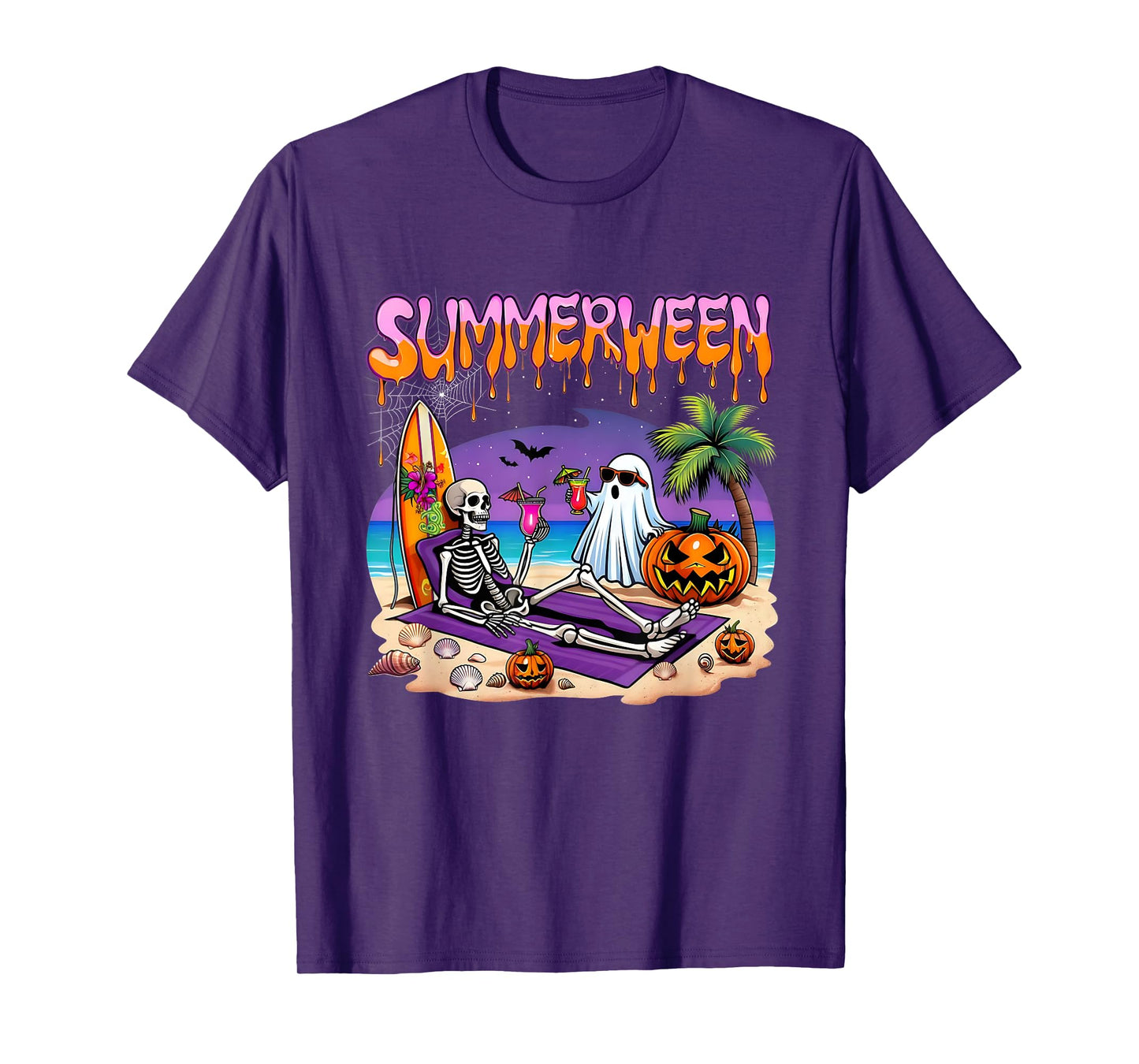 Summerween Skeleton Ghost Beach Funny Spooky Halloween T-Shirt