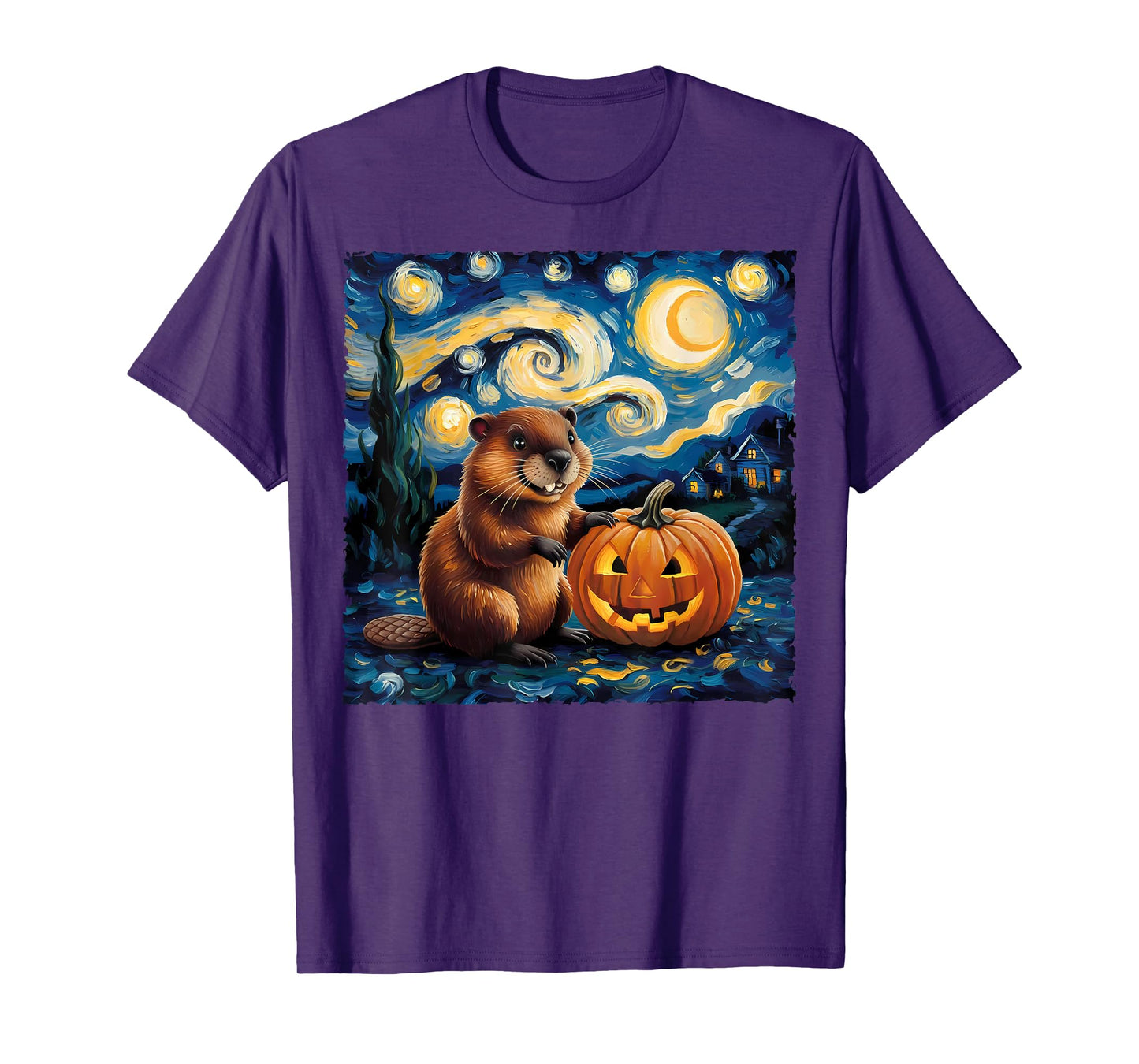 Beaver Pumpkin Van Gogh's The Starry Night Halloween Design T-Shirt