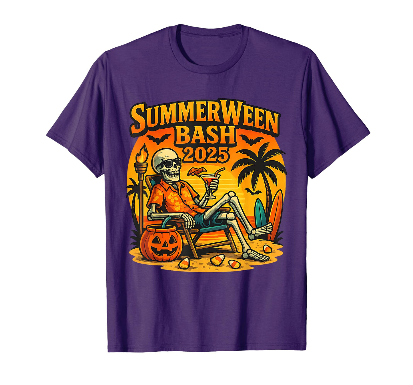 SummerWeen Bash 2025 Skeleton Beach Party Halloween Vibes T-Shirt