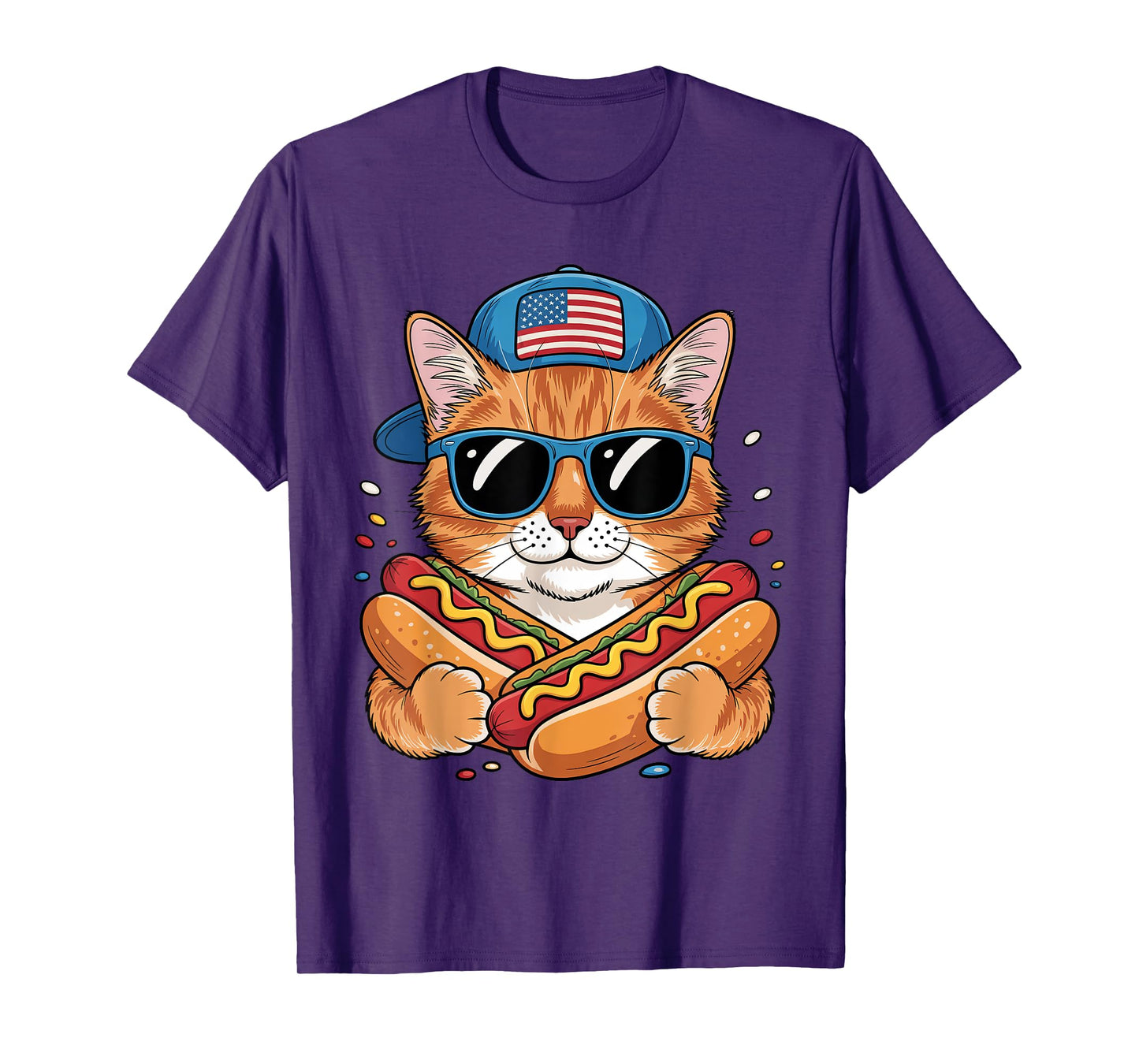Patriotic Cat Sunglasses Hotdog Fourth Of July American Flag T-Shirt for Men Women Kids