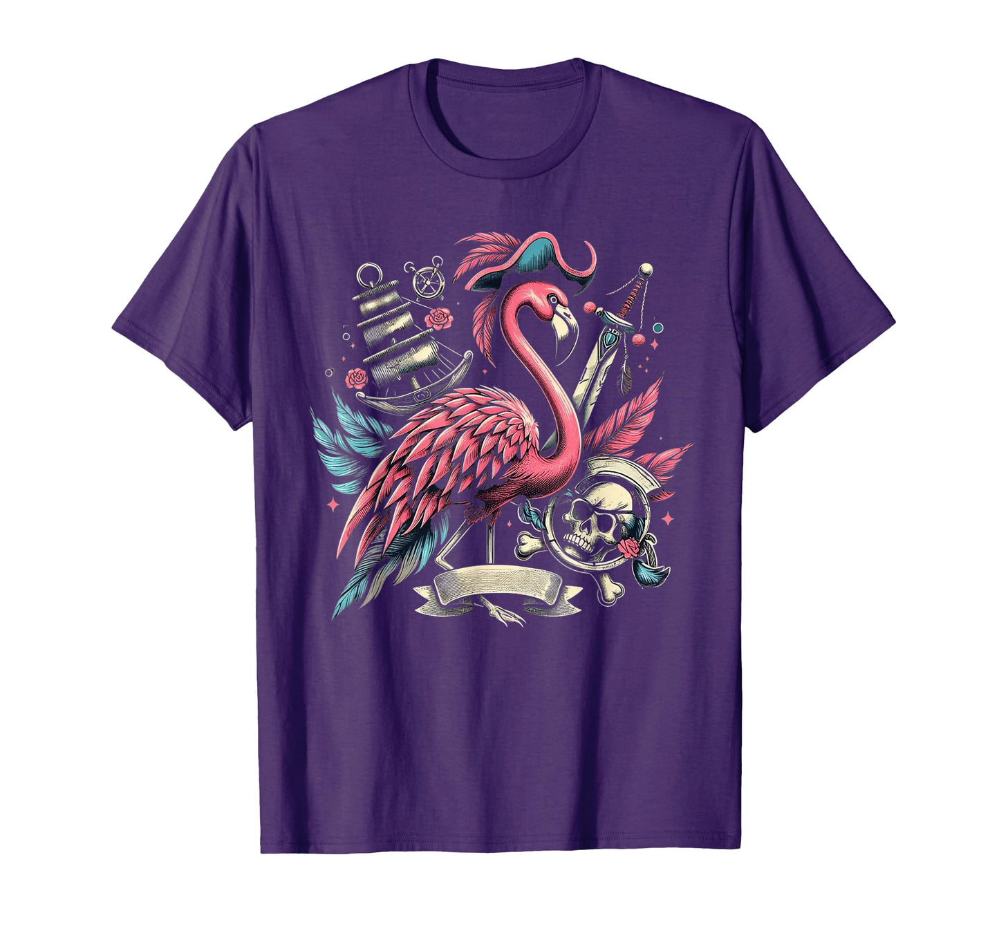 Funny Pirate Freebooter Jolly Roger Pirate Flamingo T-Shirt
