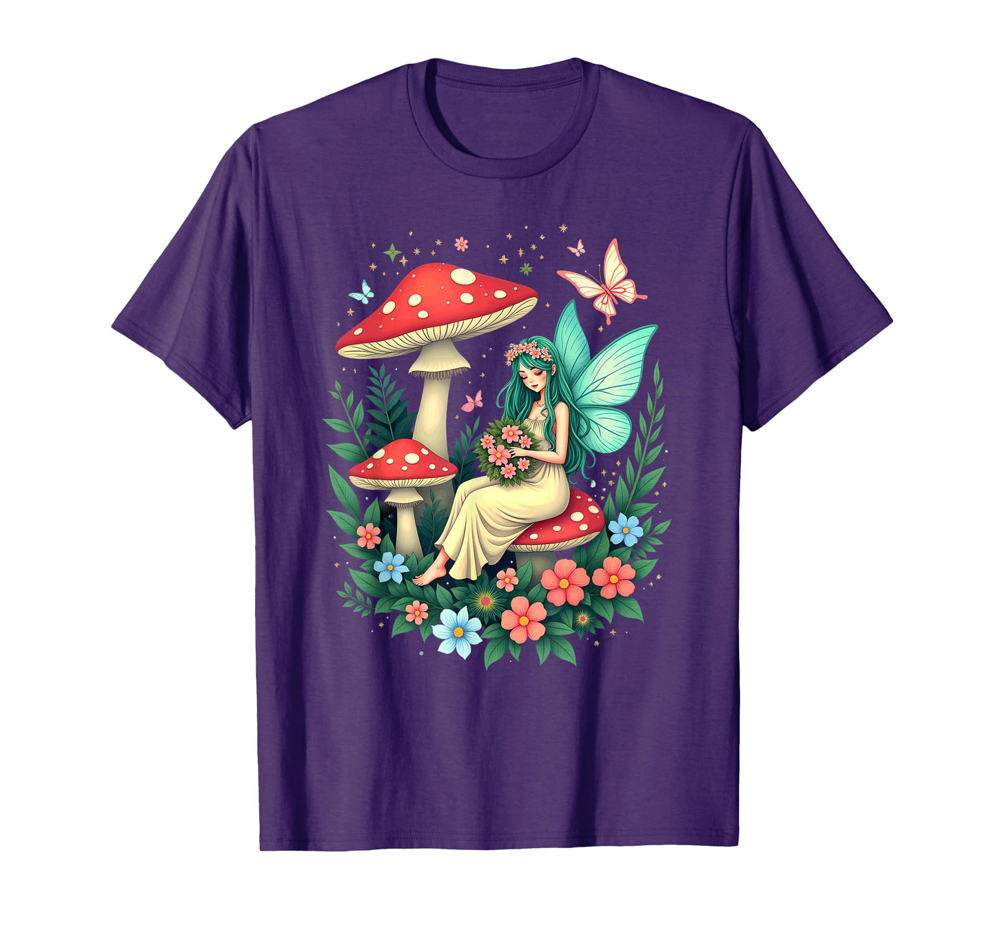 Fairy In Woodland Mushroom Fungi Flowers Butterflies T-Shirt