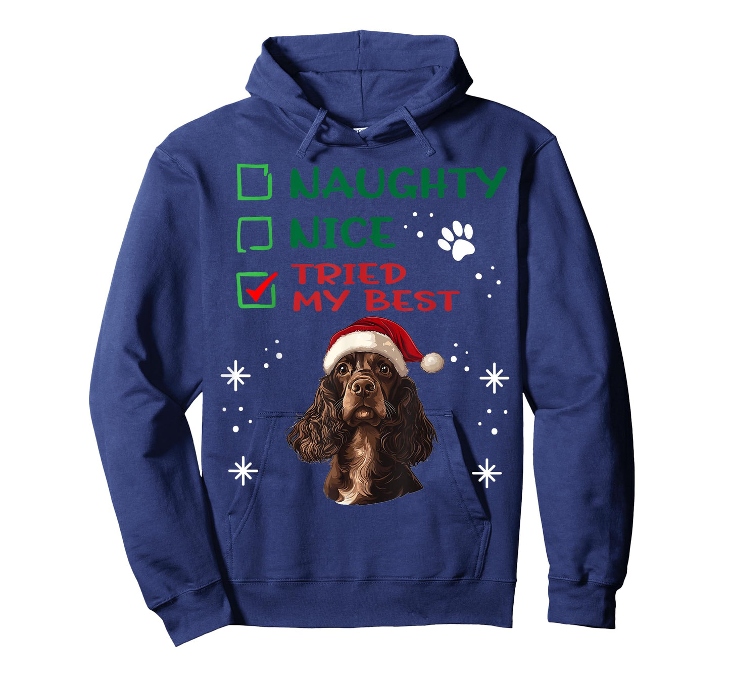 Cute English Cocker Spaniel Dog Christmas Naughty Nice Tried Men Women Kids T-Shirt