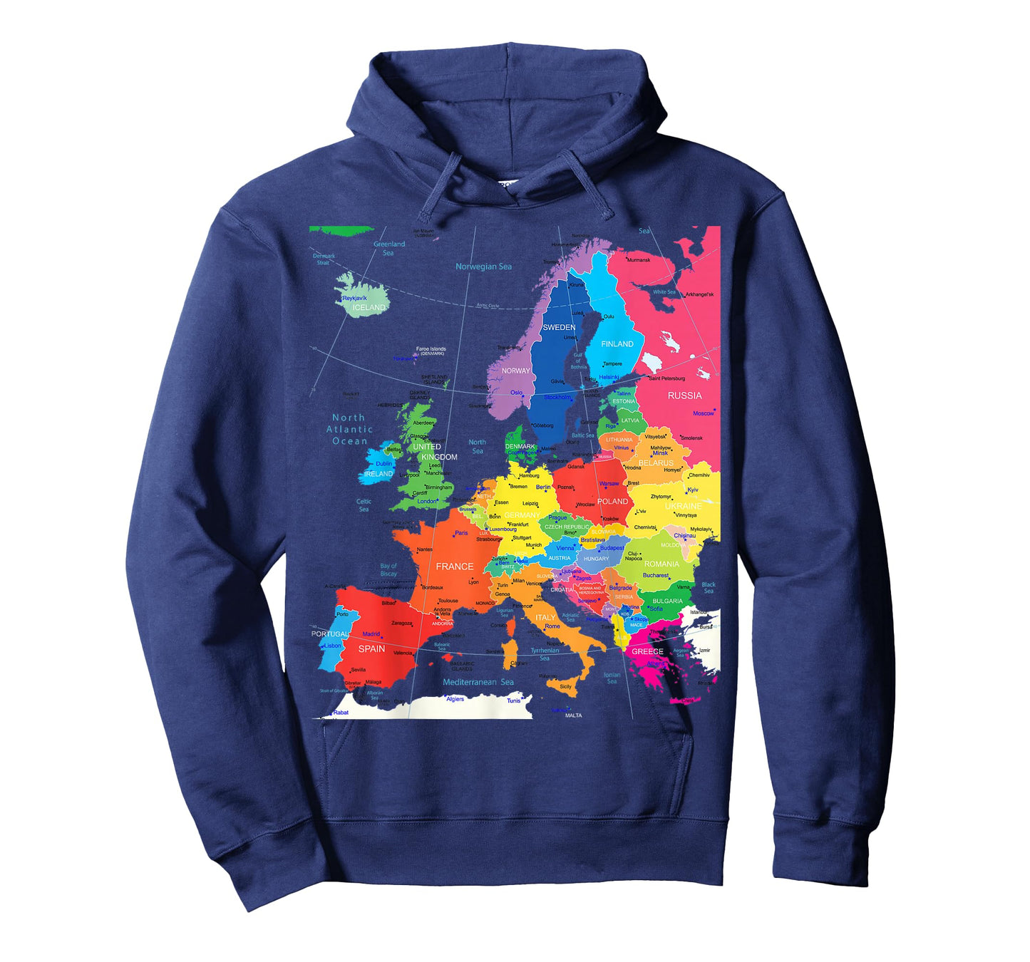 Map of Europe with Border, Countries, Capitals, Large Cities T-Shirt