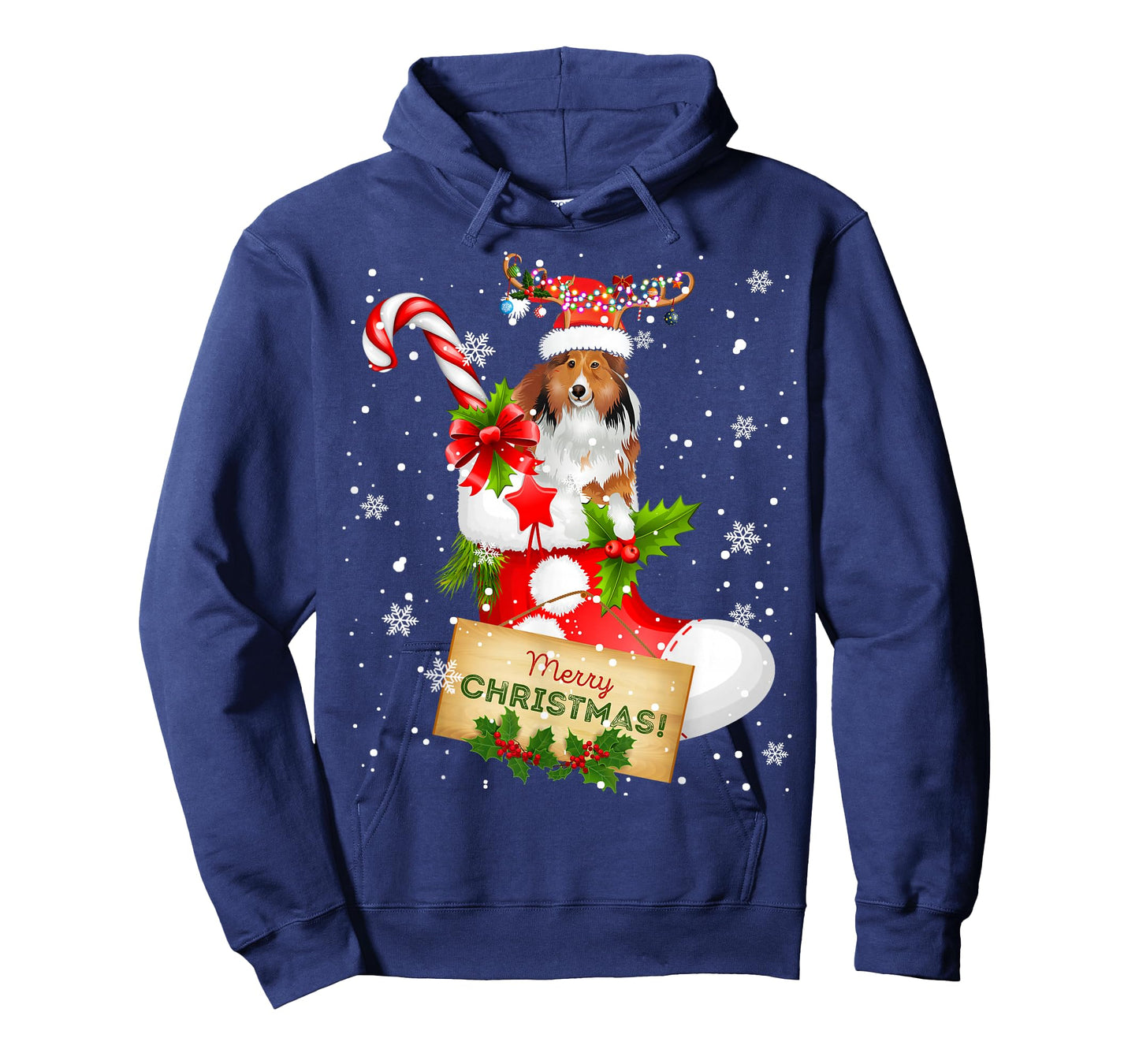 Merry Christmas Xmas Lights Santa Reindeer Sheltie In Sock T-Shirt