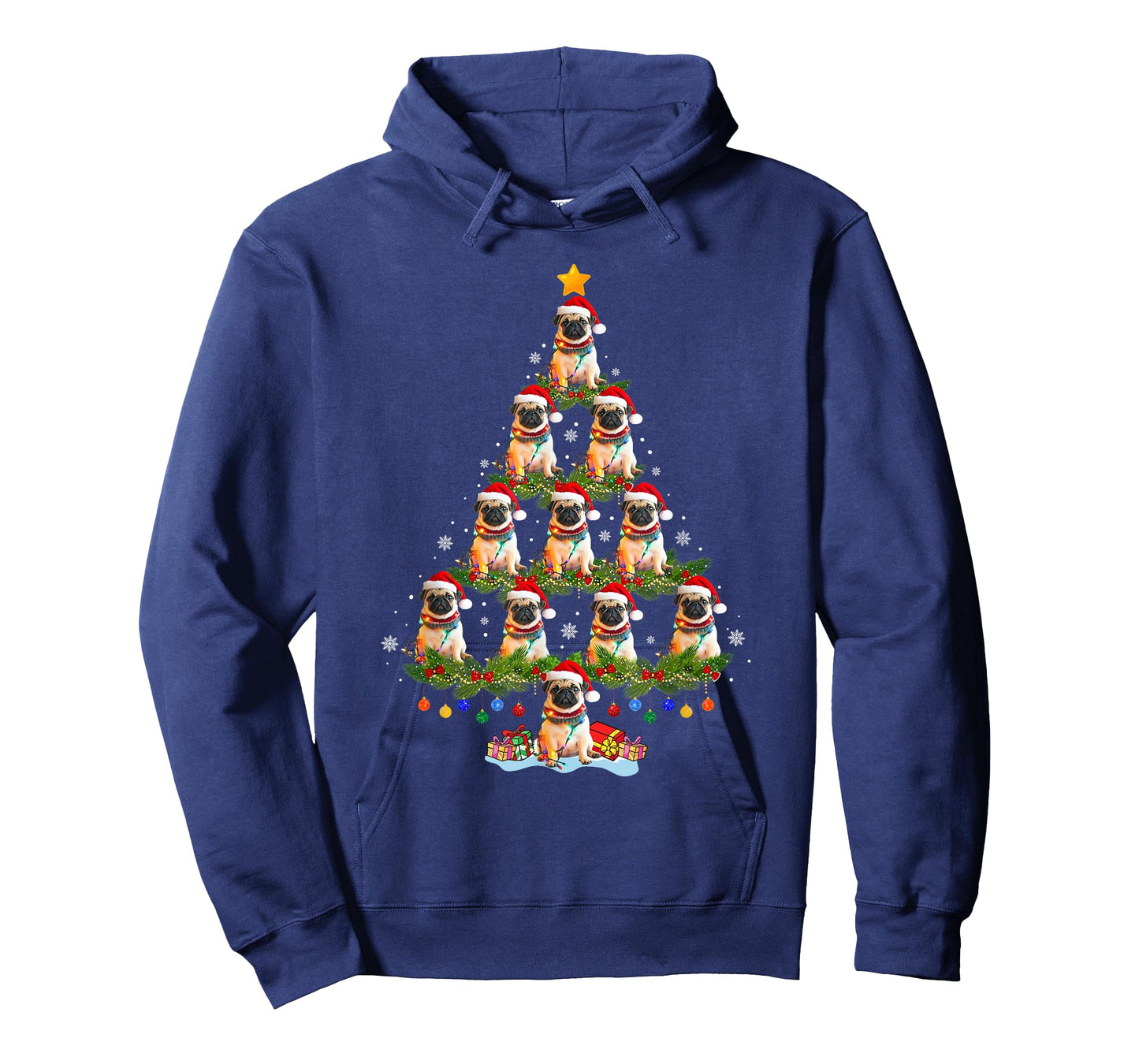 Funny Christmas Pug Dog Santa Hat Christmas Tree Lights T-Shirt