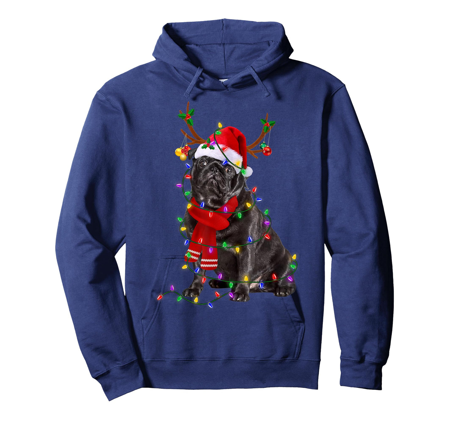 Funny Black Pug Dog Tree Christmas Lights Xmas Pajama Men Women Kids T-Shirt