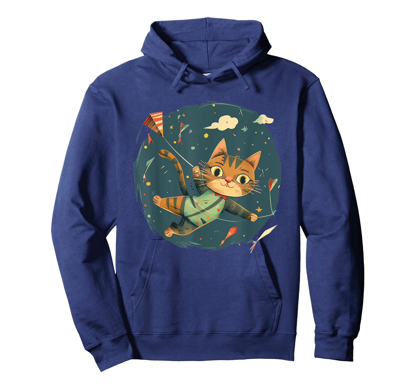 Cheerful Cat Flies Kites Emblem for a Playful Windy Touch T-Shirt
