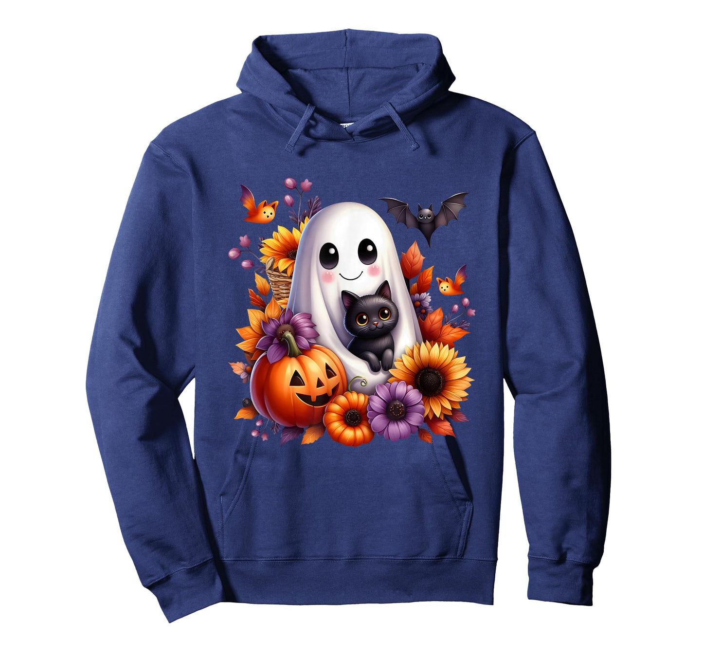 Vintage Halloween Ghost with Black Cat Pumpkin Autumn Flower T-Shirt