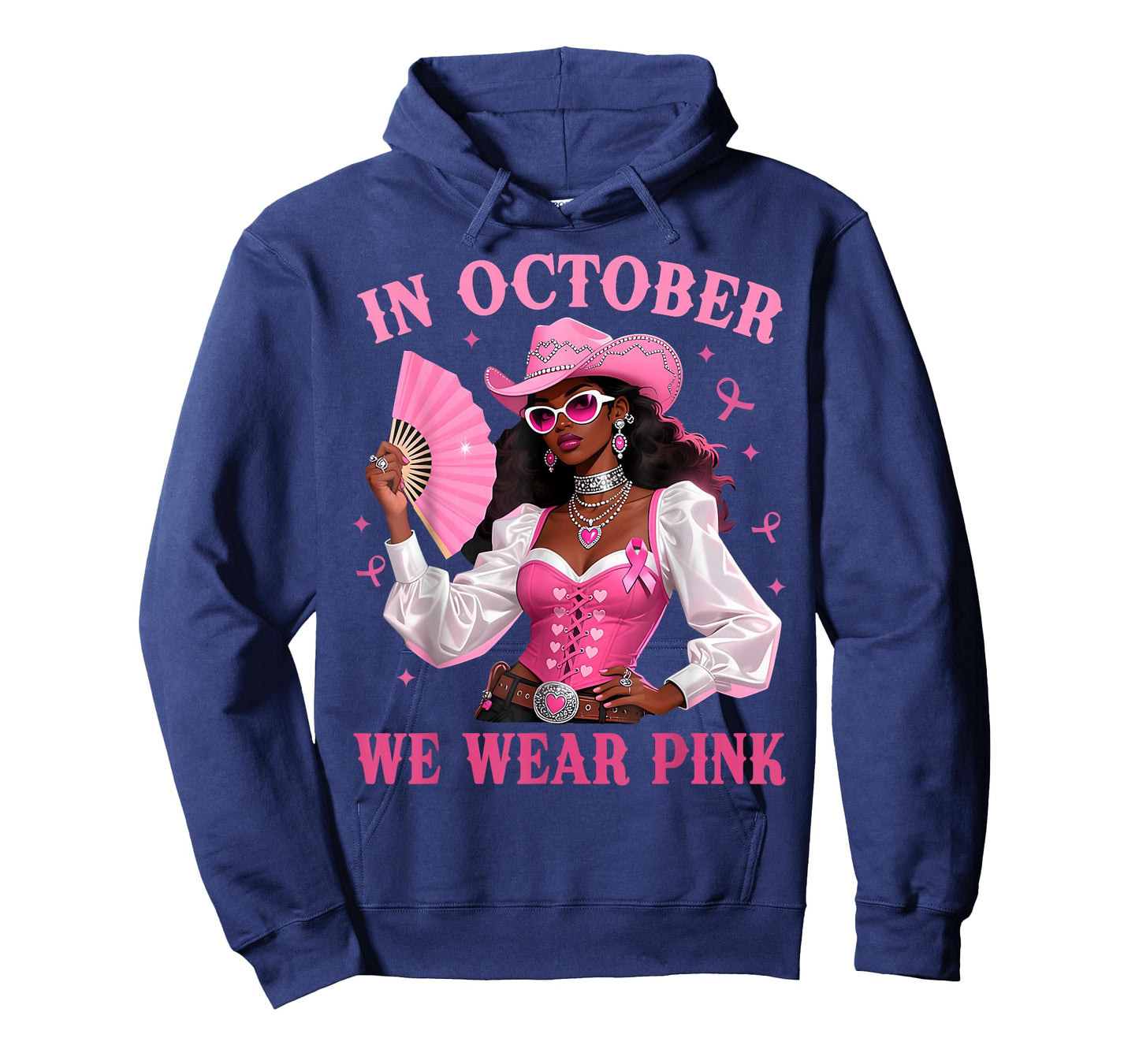 in October We Wear Pink Afro Western Cowgirl Breast Cancer T-Shirt
