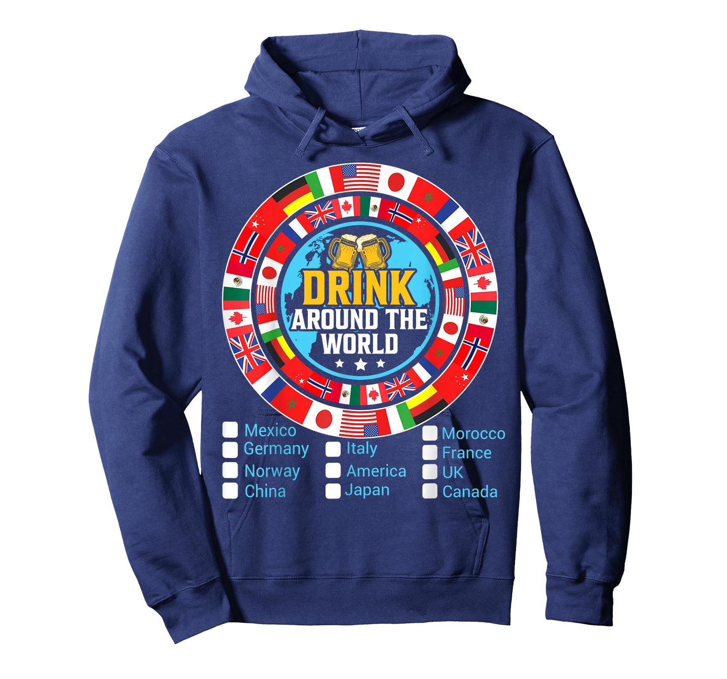 Drink Around The World - Vacation Drinking Map Chart T-Shirt, Small, Black