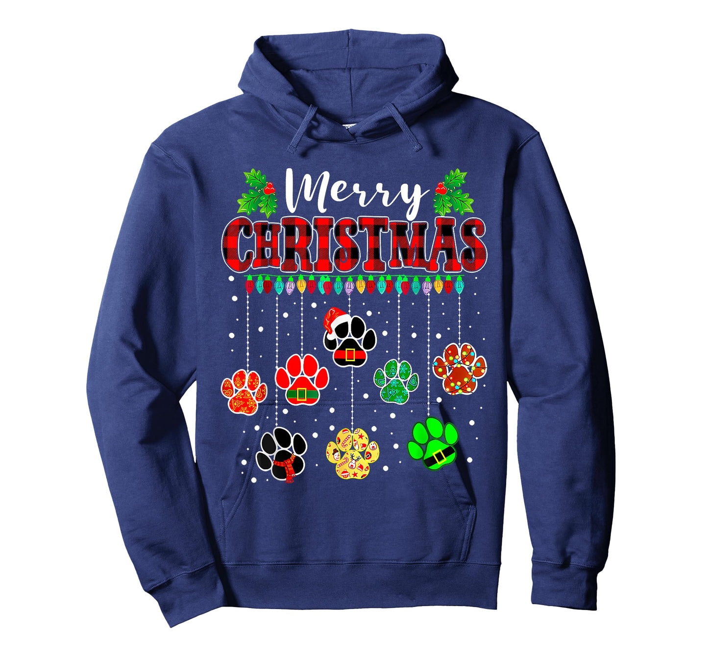 Merry Christmas Lights Dog Paw Red Plaid Funny Dog Love Xmas T-Shirt
