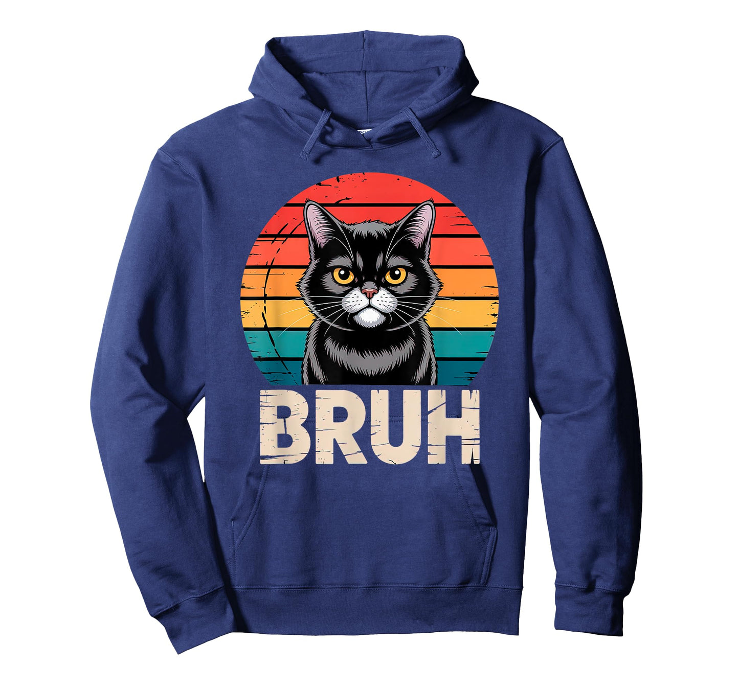 Grumpy Black Cat with BRUH Text and Colorful Retro Men Women Kids T-Shirt
