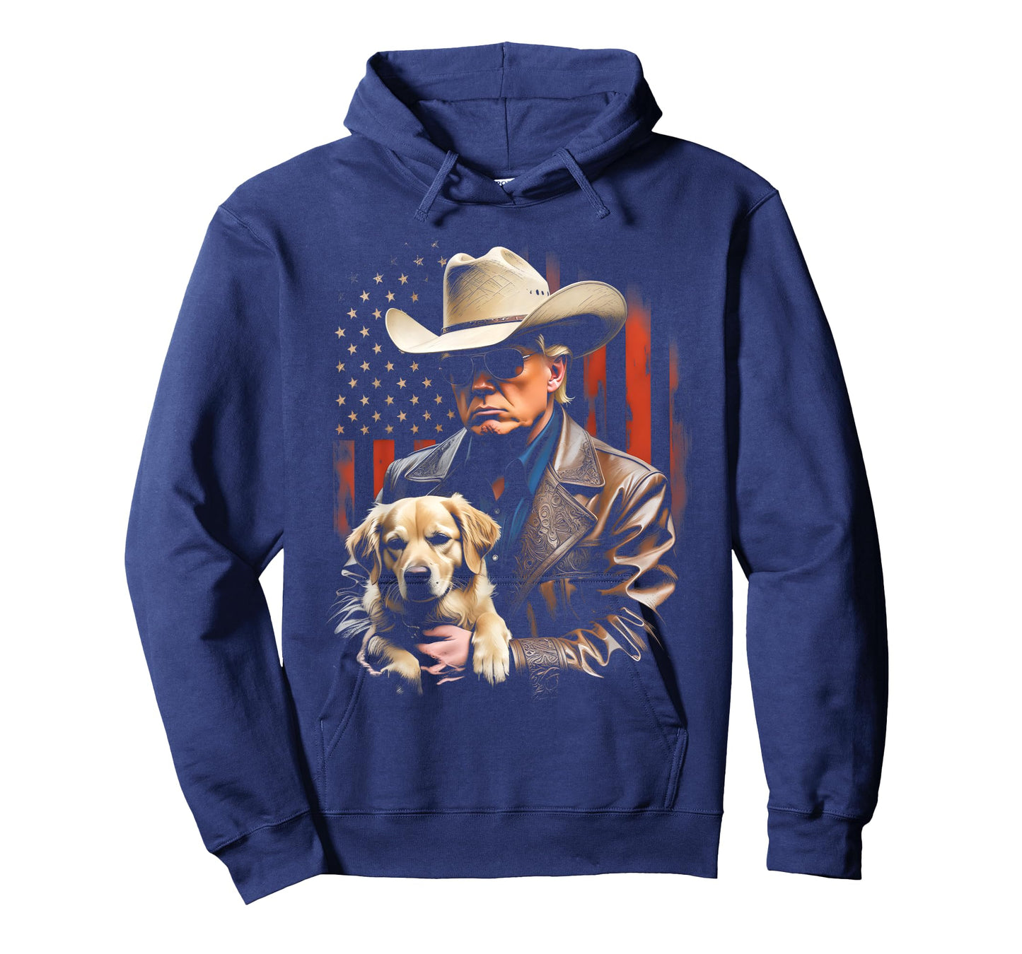 Trump and Golden Retriever Dog, American Flag Funny Cowboy T-Shirt