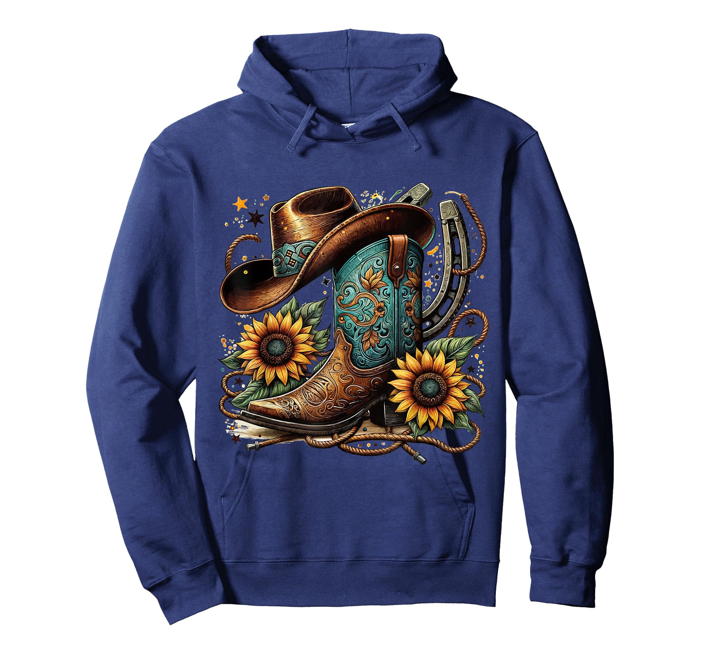 Western Cowboy Boot Horseshoe Sunflower Rope Cowgirl Boot T-Shirt, Small, Black