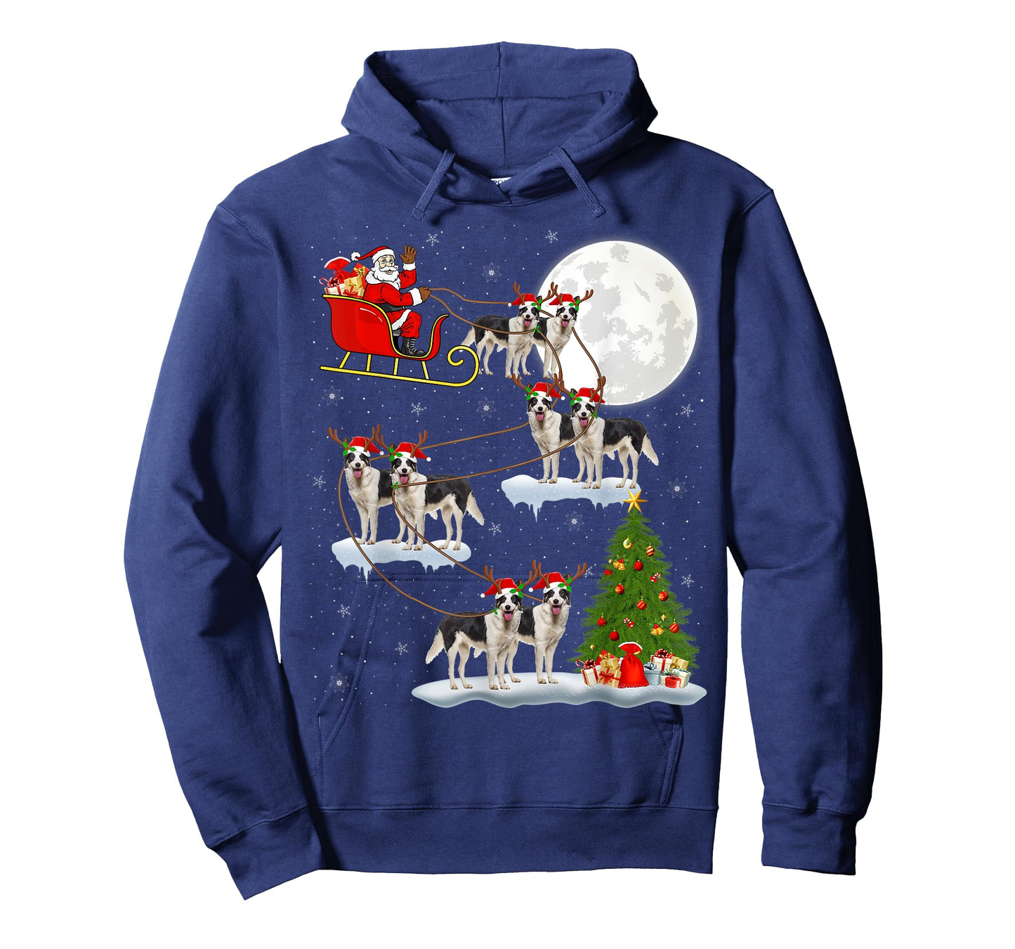 Xmas Lighting Tree Santa Riding Border Collie Christmas T-Shirt