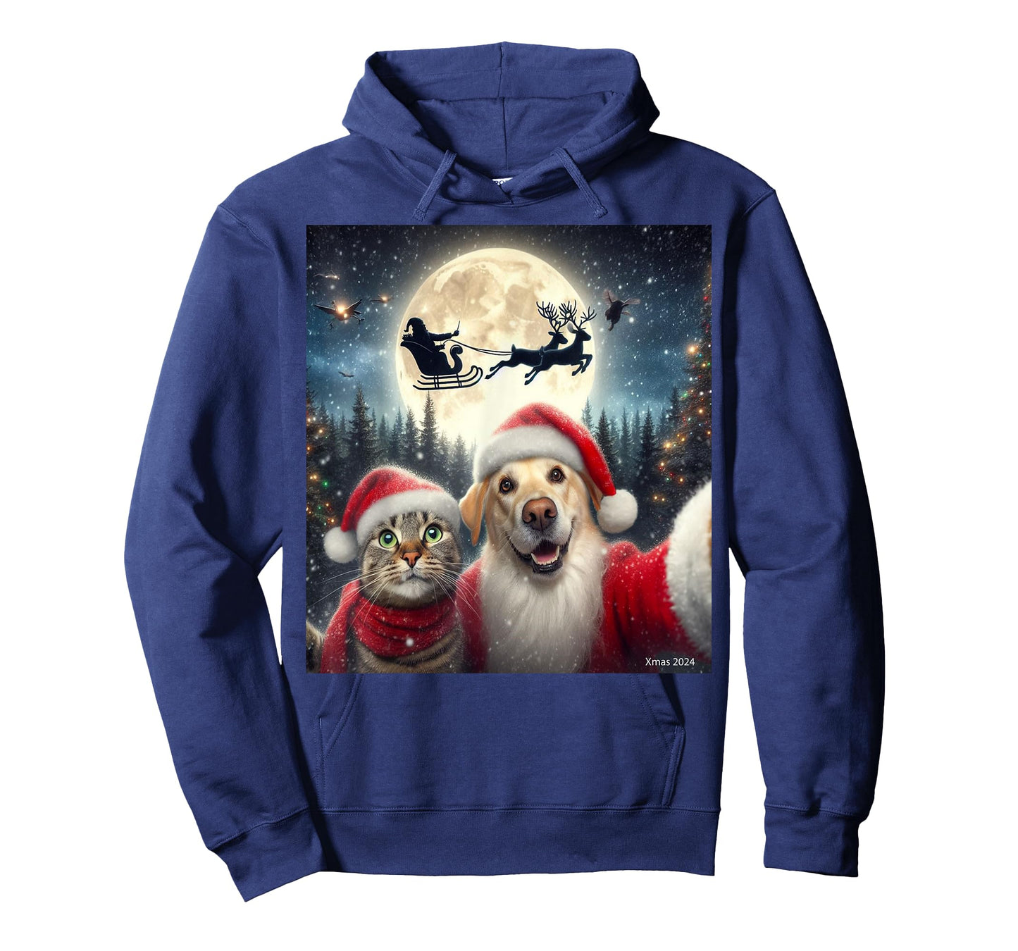 Funny cat and dog selfie with Santa Claus Christmas xmas eve T-Shirt for Men Women Kids