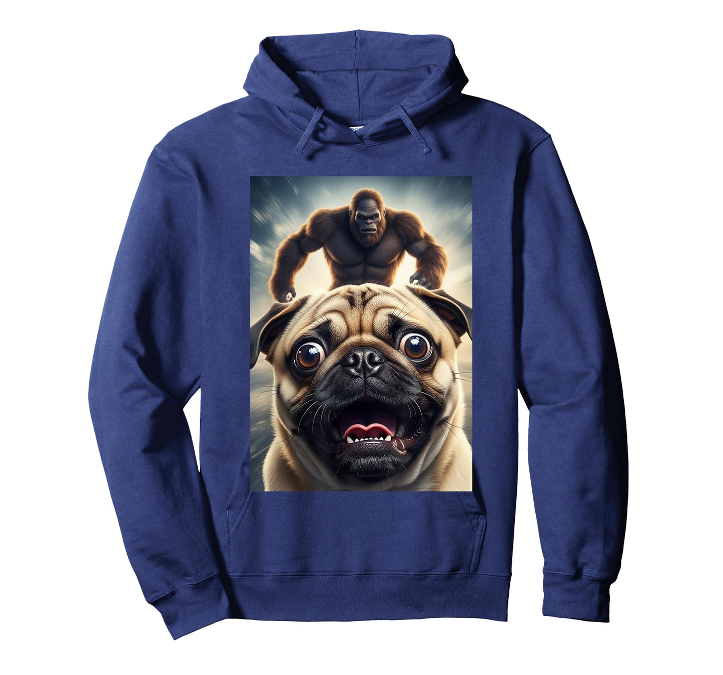 Funny Scared Pug Dog Selfie with Bigfoot Women Men Kids T-Shirt