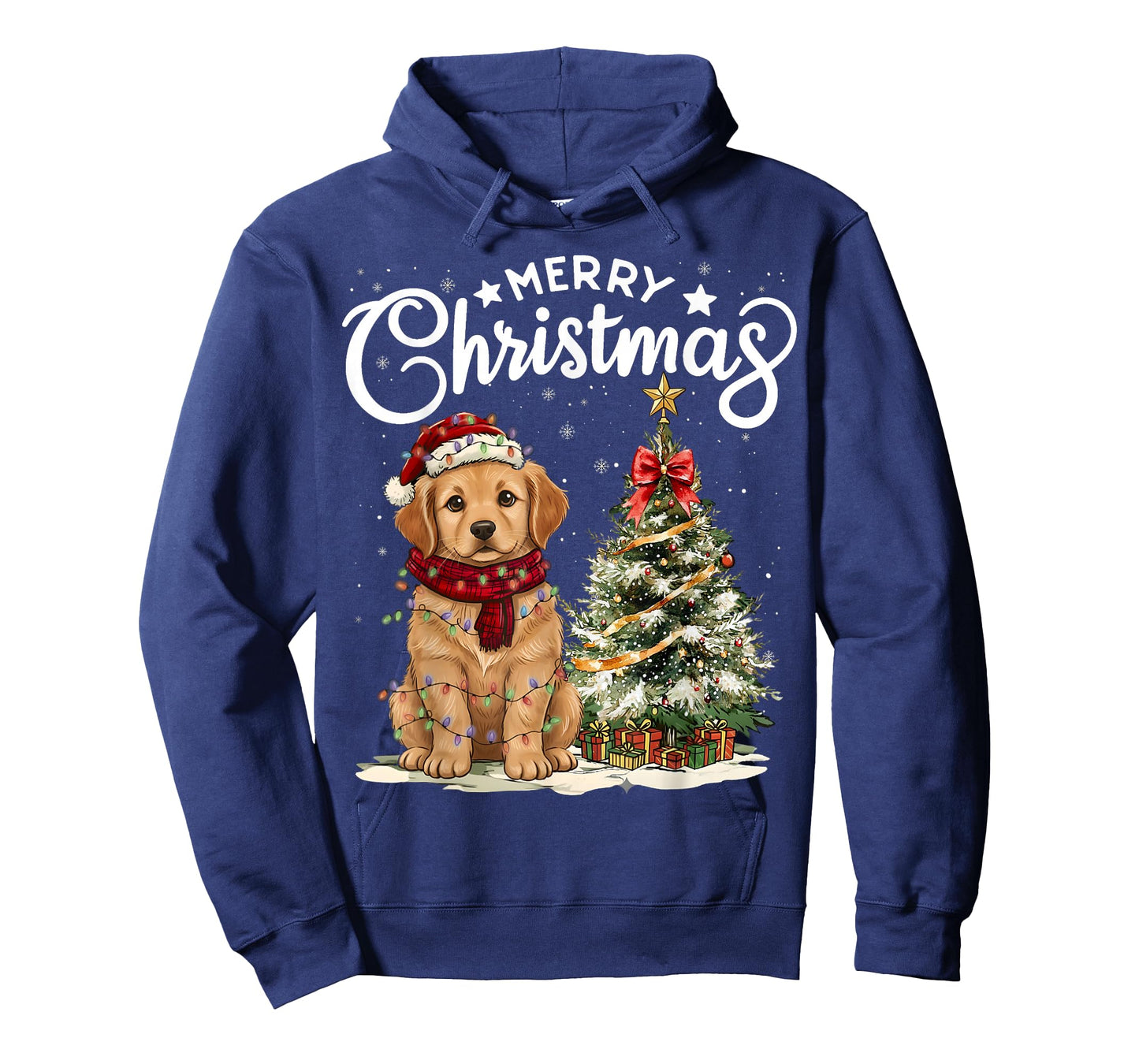 Golden Retriever Merry Christmas Dog Santa Hat Tree Lights T-Shirt