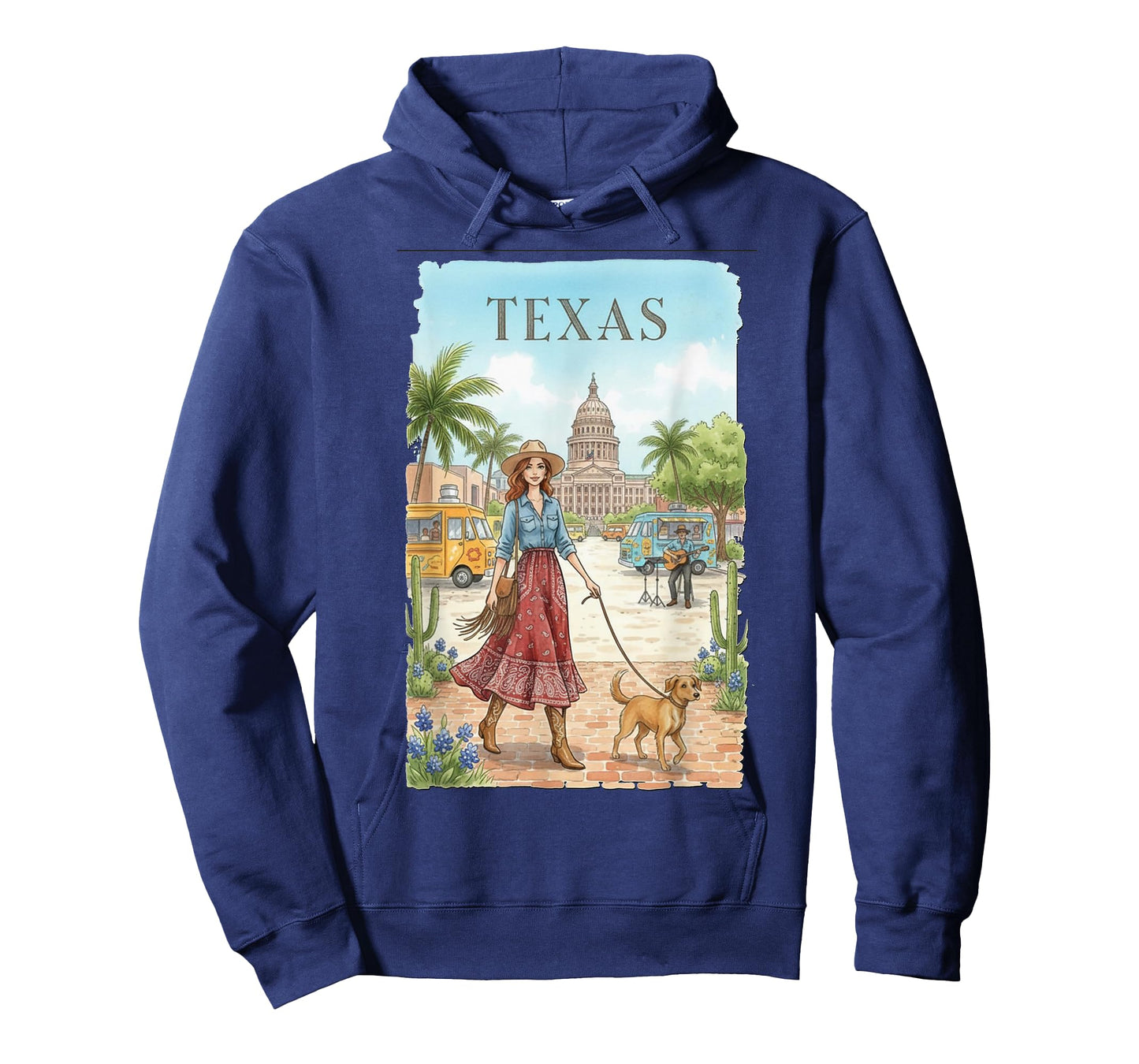 Texas Travel Art – Cowgirl with Dog in Austin City Scene T-Shirt