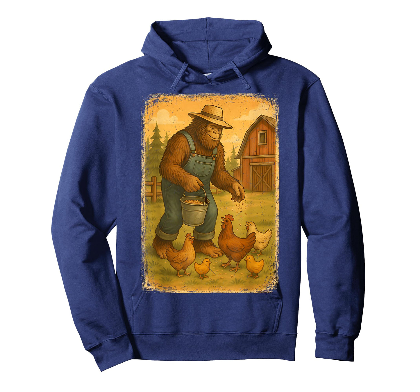 Bigfoot Farmer Sasquatch Feeding Chickens Funny Farming T-Shirt