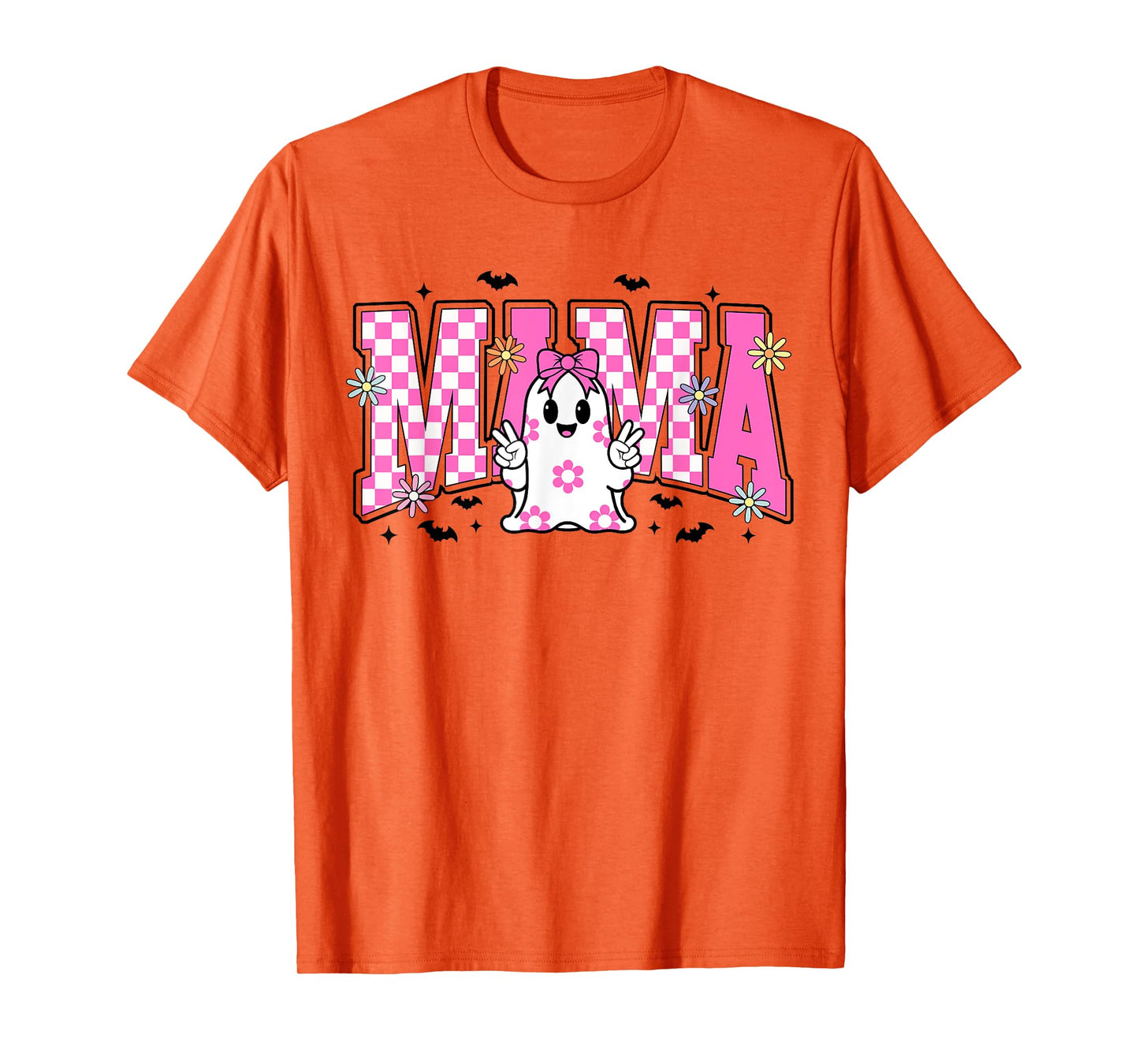 Halloween Mama Ghost Spooky Coquette Bow Pink Checkered T-Shirt