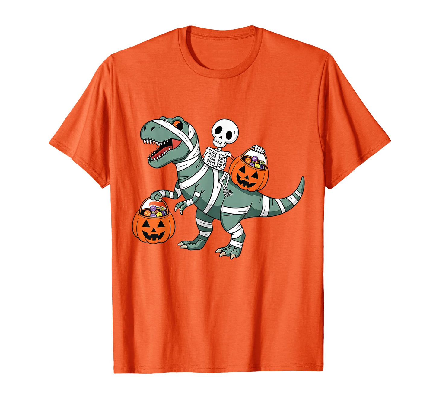 Skeleton Riding Mummy Dinosaur T rex Halloween Funny Pumpkin T-Shirt