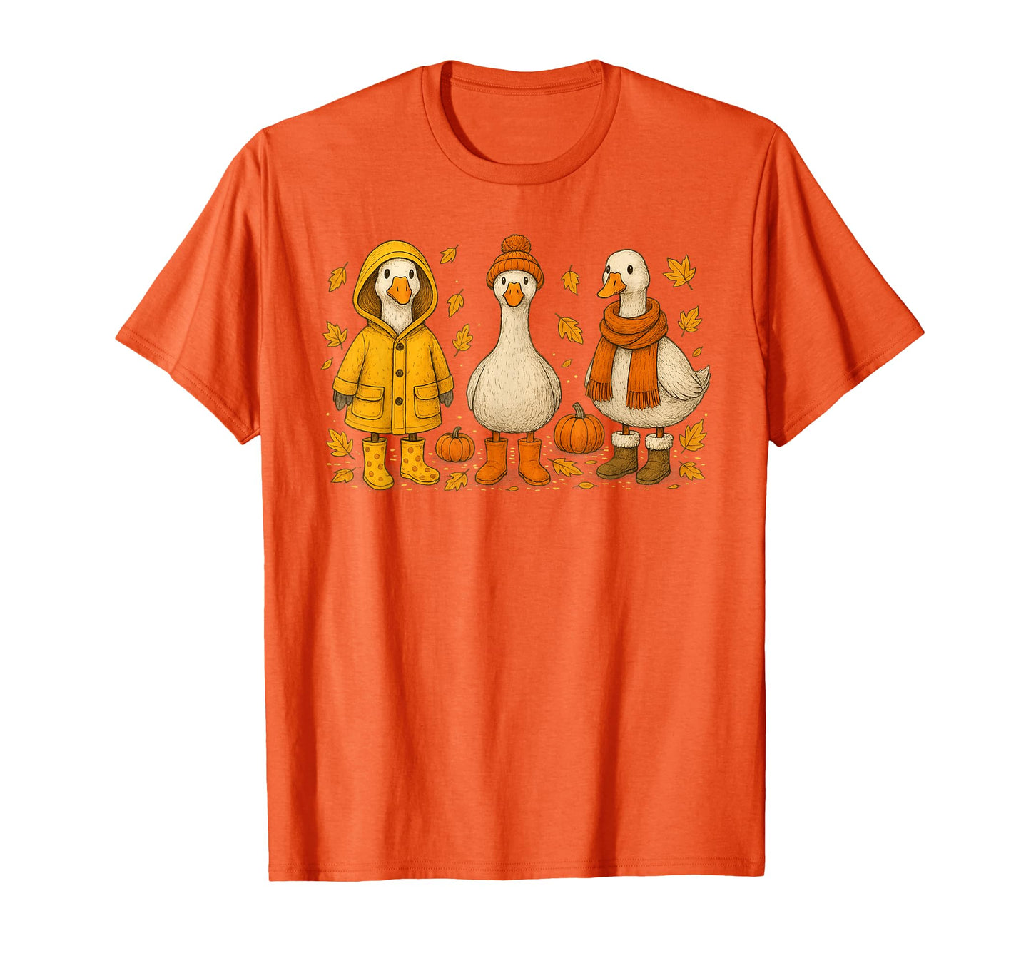 Cute Fall Goose Trio Autumn Leaves Cozy Sweater Weather T-Shirt