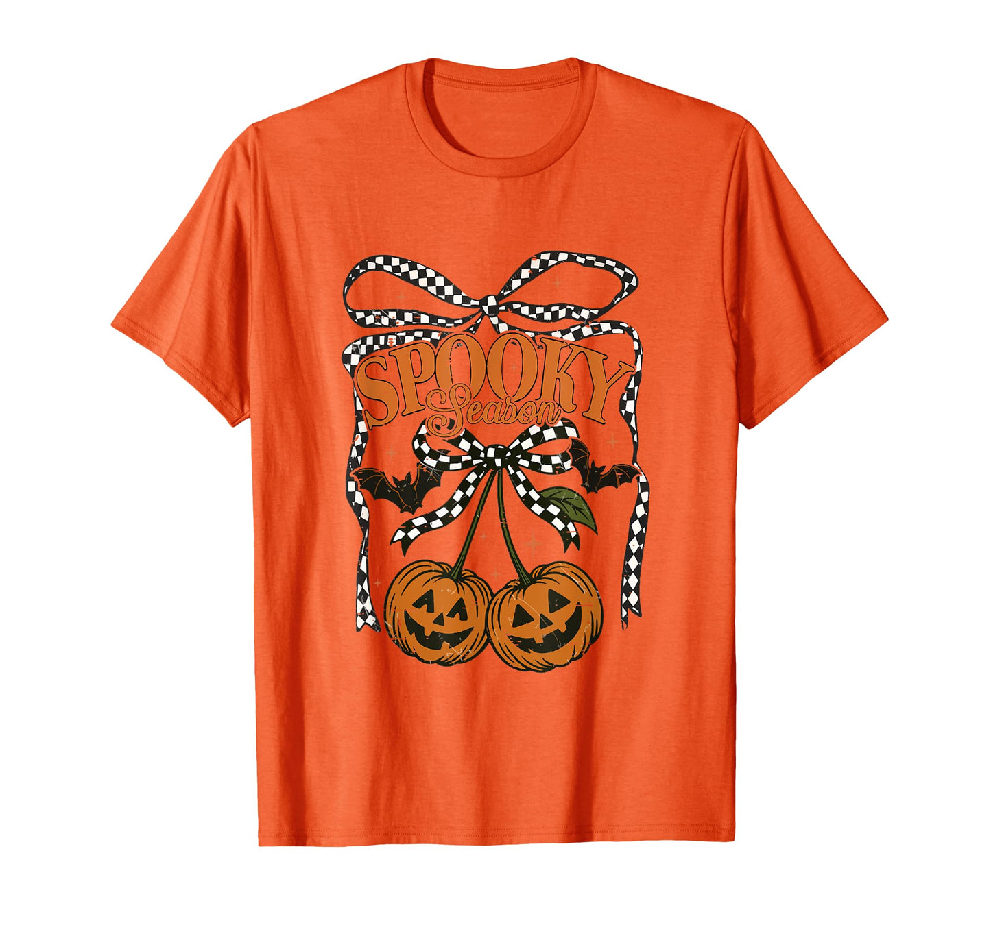 Spooky Season Checkered Bow Pumpkin Cherries Fall Autumn T-Shirt