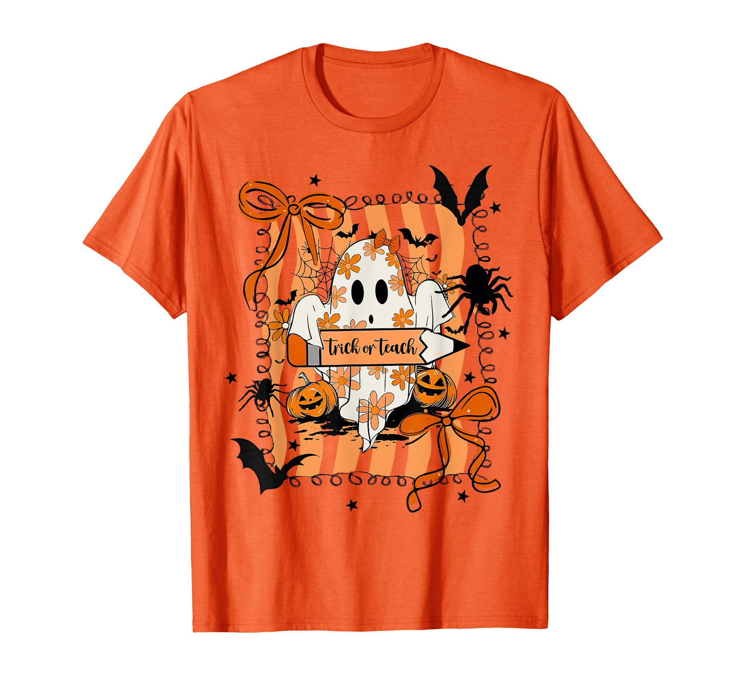 Trick Or Teach Coquette Bow Spooky Teacher Ghost Halloween T-Shirt