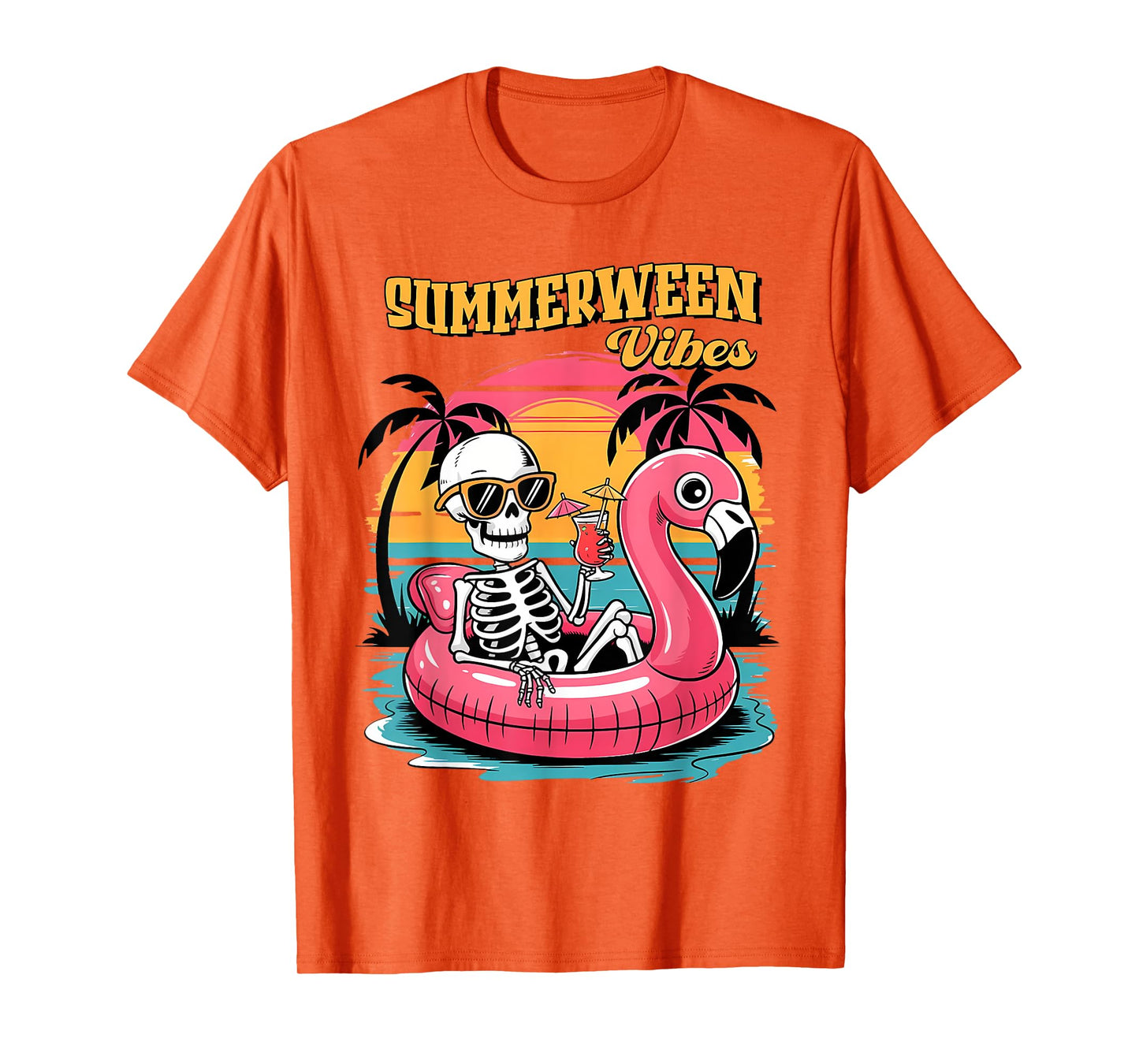 Summerween Vibes Skeleton Flamingo Spooky Halloween Summer T-Shirt