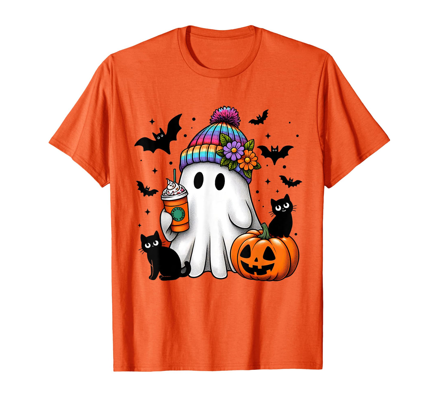 Cute Ghost Drinking Coffee Black Cat Ghost Pumpkin Halloween Men Women Kids T-Shirt