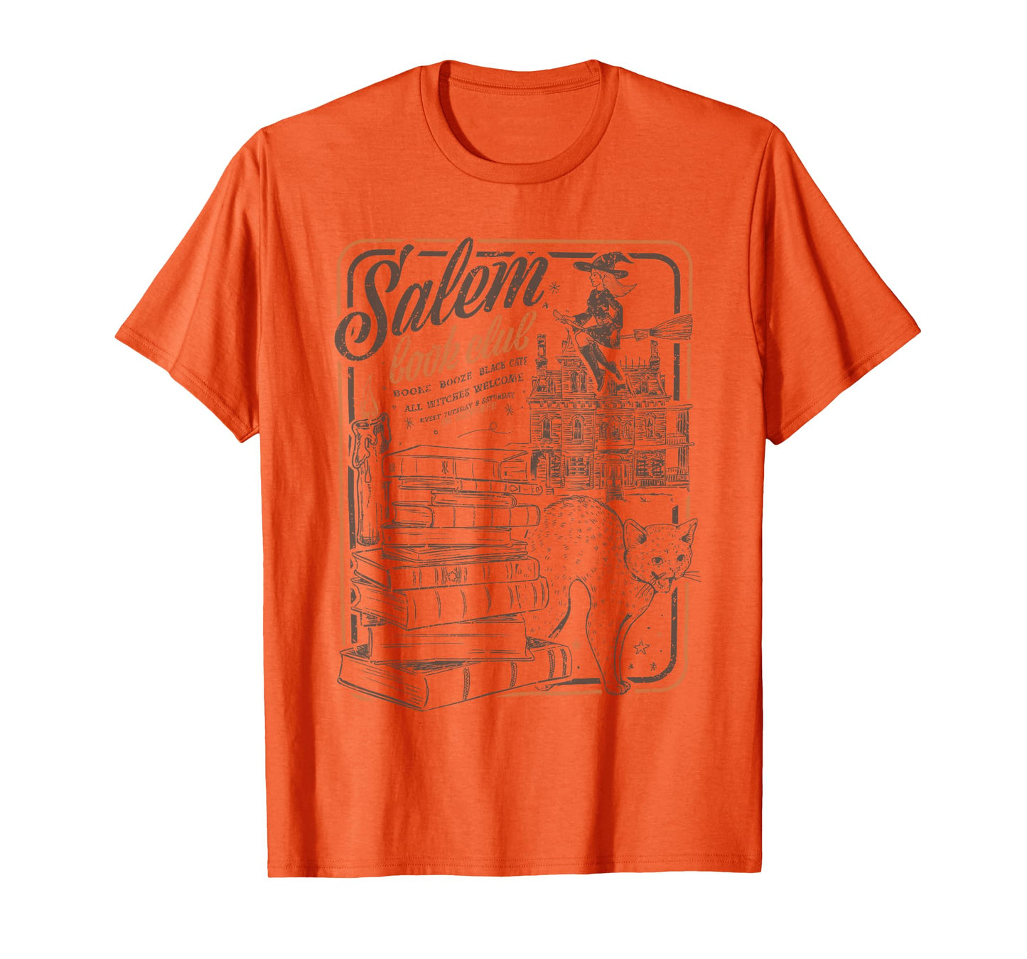 Retro Salem Book Club Black Cat Witch Bookish Halloween T-Shirt