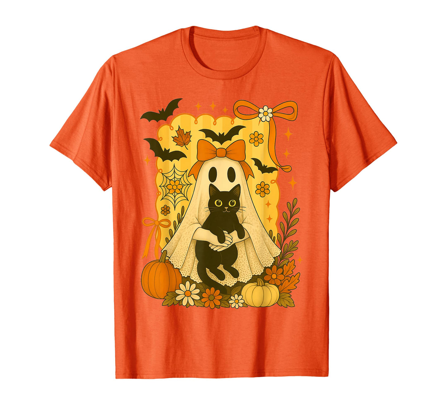 HUGvyn Halloween: Coquette Lace Ghost Holding Black Cat Fall Men Women Kids T-Shirt
