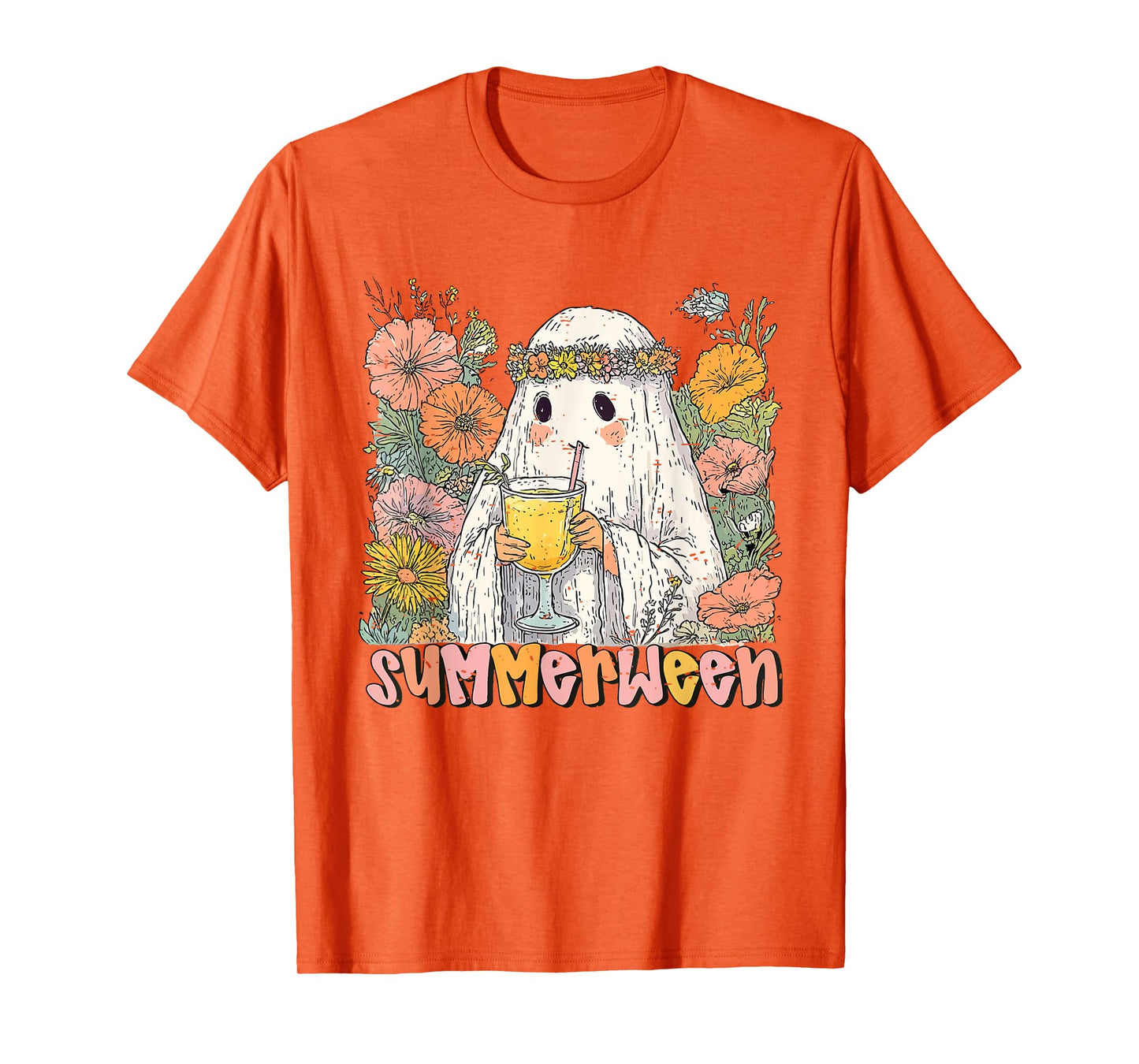 Retro Floral Ghost Summer Halloween Cocktail Cute Summerween T-Shirt