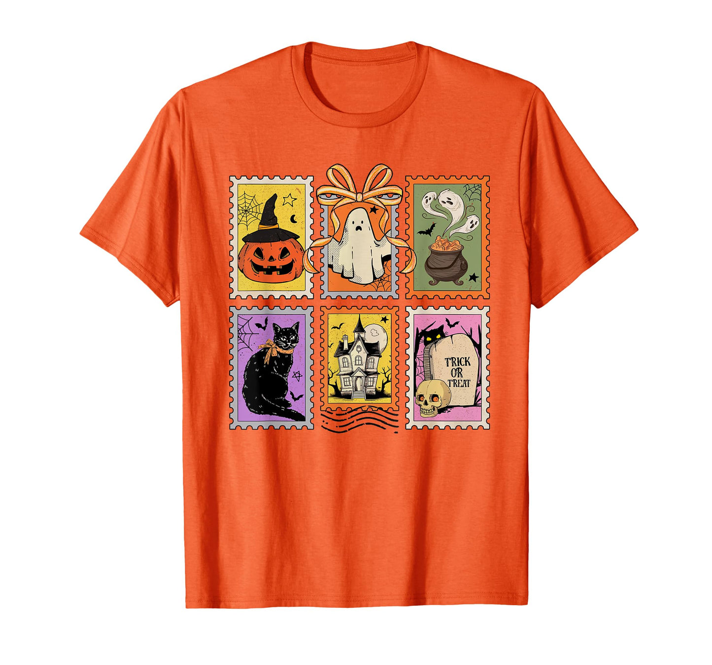 Halloween Stamp Spooky Ghost Boo Pumpkin Coquette Bow Retro T-Shirt