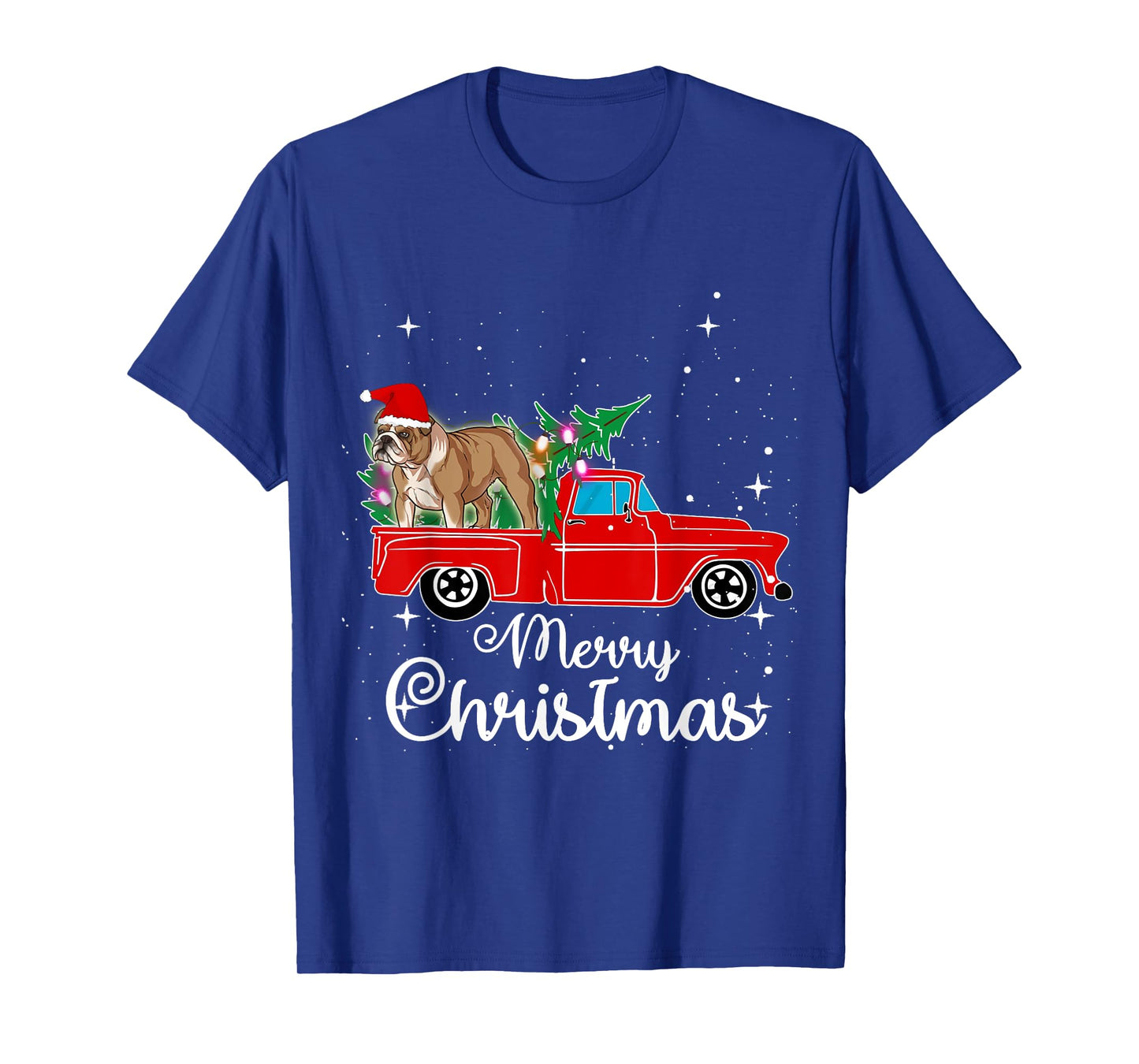English Bulldog Dog Red Truck Christmas Tree Lights Xmas T-Shirt