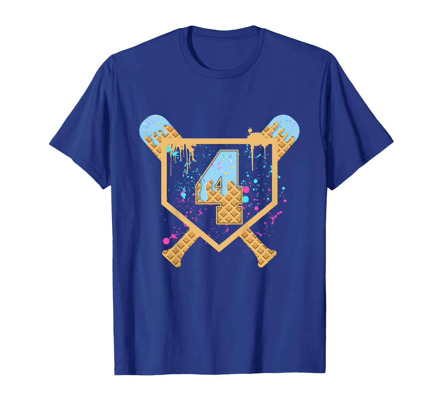 Kids Baseball 4 Year Old Ice Cream Drip 4th Birthday Boy Number 4 T-Shirt