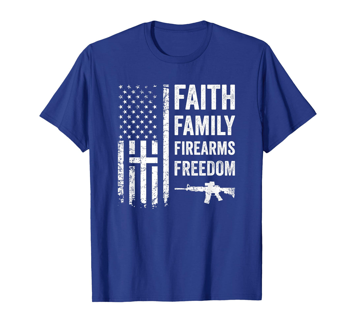 Faith Family Firearms & Freedom - Pro God Gun USA Cross Flag T-Shirt