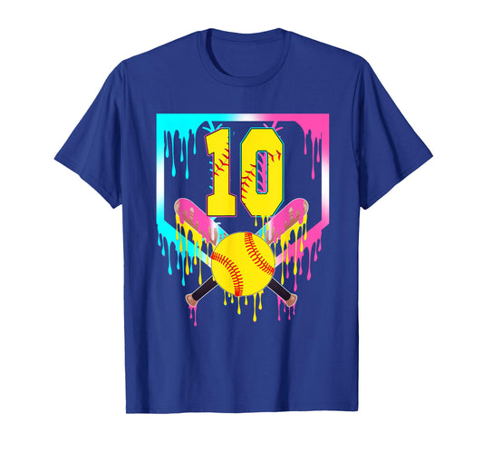 10th Bday Softball Home Plate Drip Ice Cream 10 Year Old T-Shirt