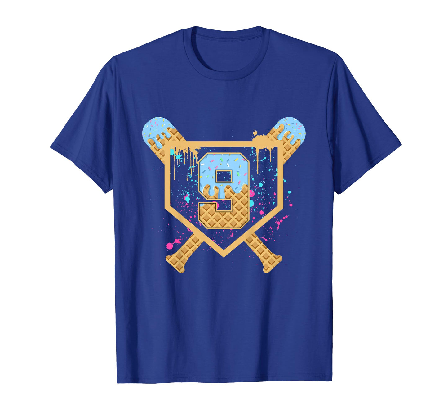 Kids Baseball 9 Year Old Ice Cream Drip 9th Birthday Boy Number 9 T-Shirt