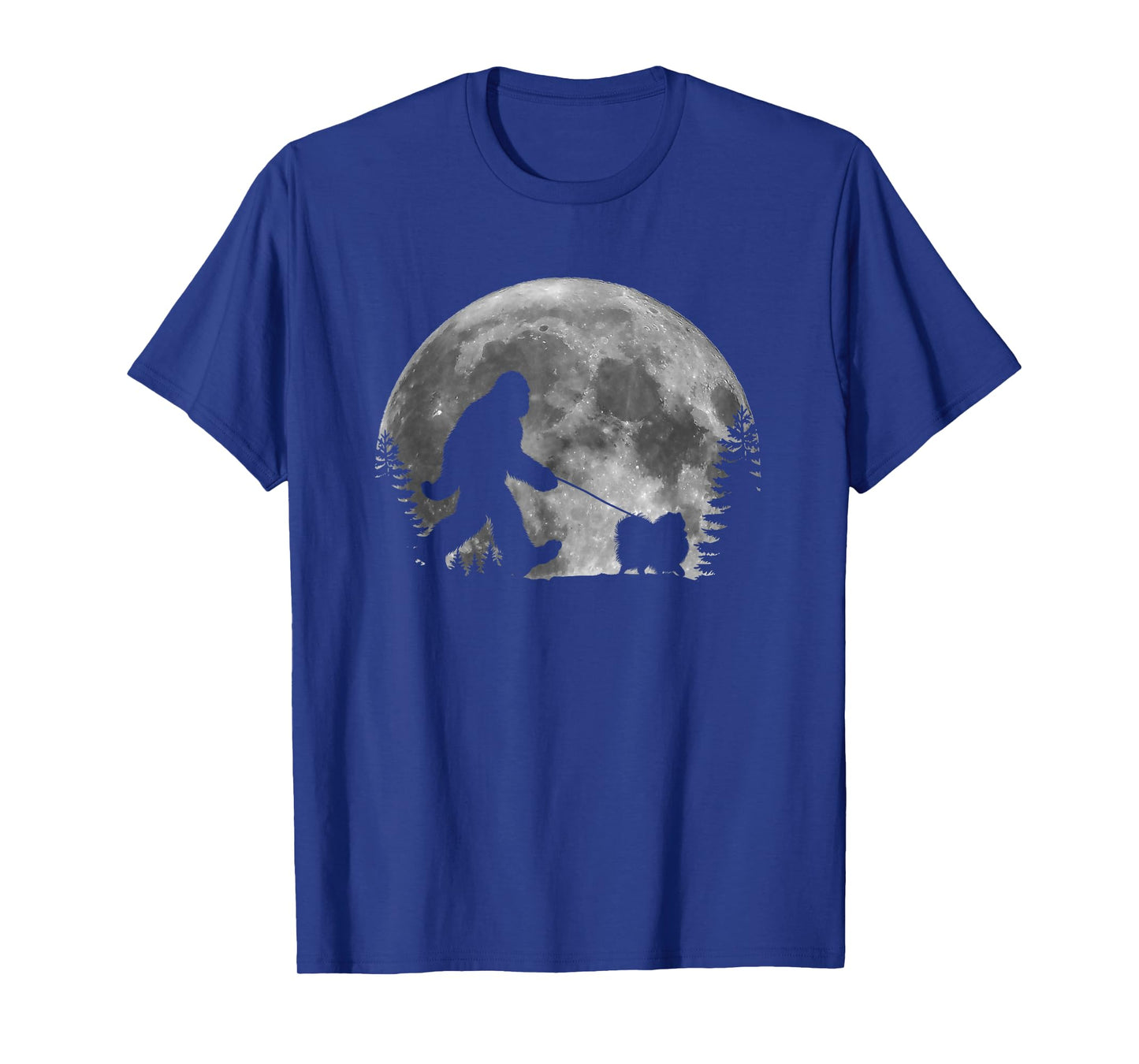 Bigfoot Walking a Dog Funny Pomeranian Lovers Moon Halloween T-Shirt for Men Women Kids