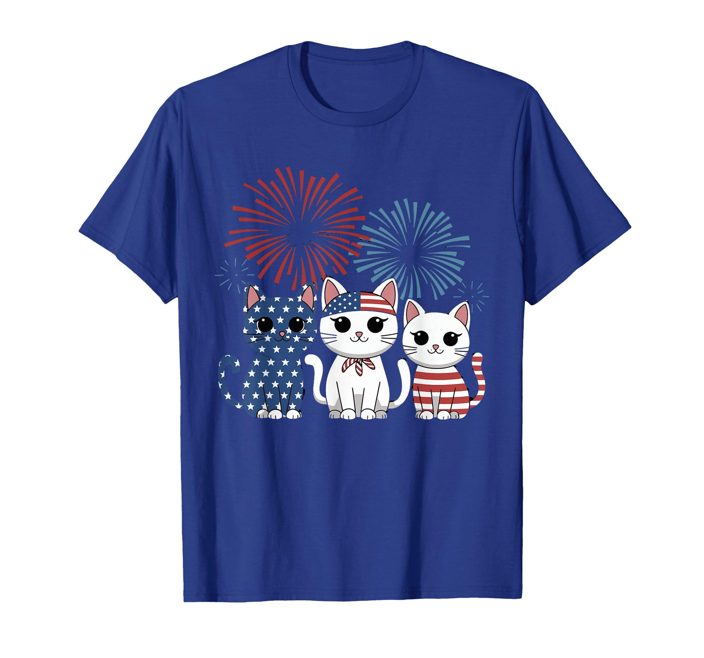 Red White Blue Cat USA Flag Firework 4th Of July T-Shirt for Men Women Kids