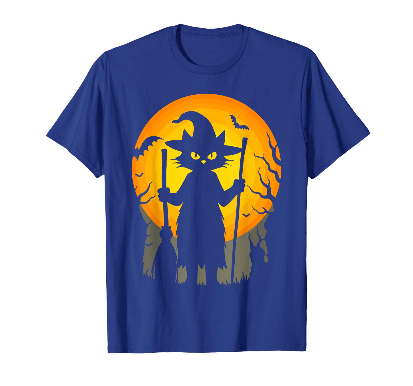 Spooky Witch Cat Halloween Full Moon Night Broom Art T-Shirt